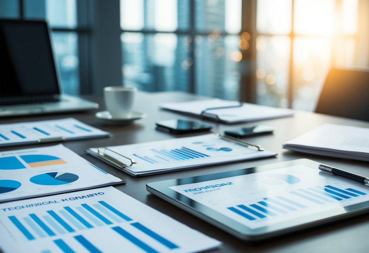 Un bureau bien organisé avec des documents techniques, des graphiques et des tableaux disposés pour une présentation