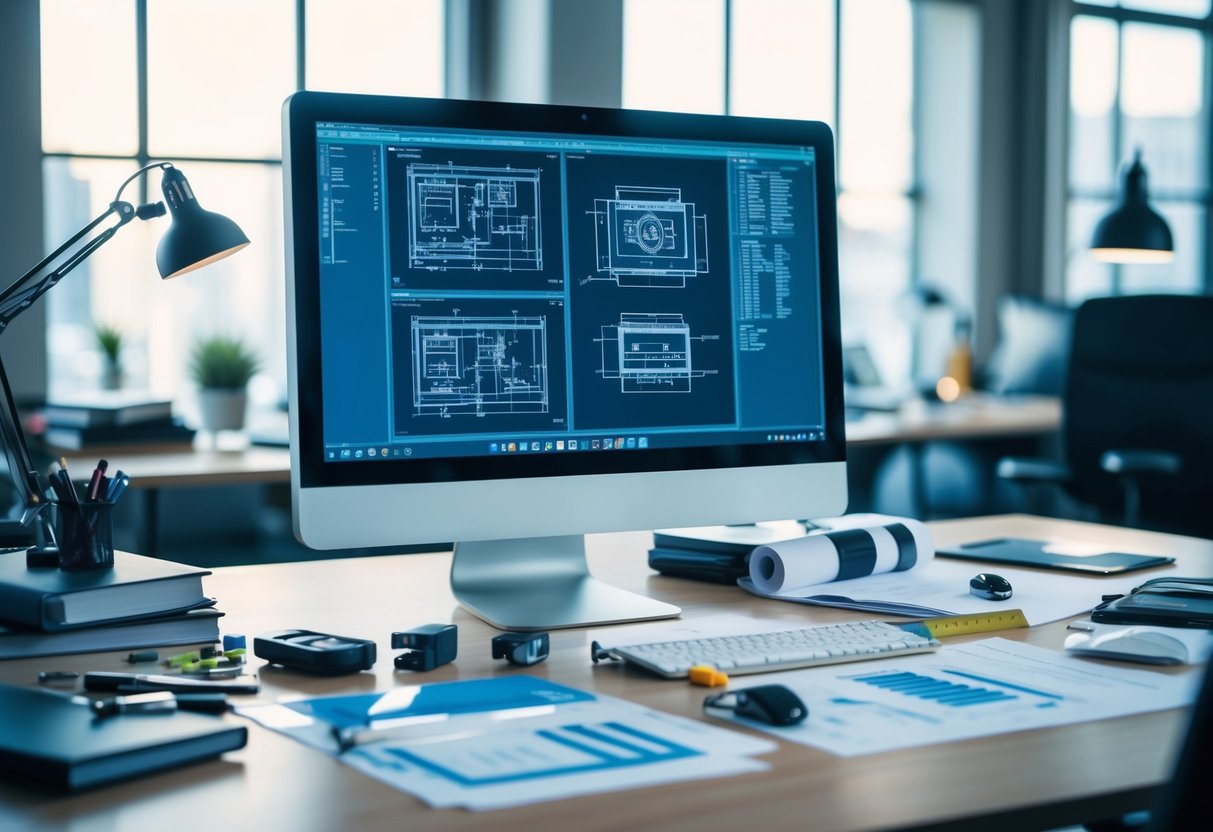 Un bureau avec un ordinateur, des dessins techniques, et divers outils et ressources éparpillés, y compris des livres, des manuels et une règle.