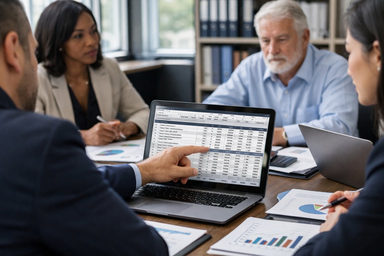 Des professionnels en réunion autour d'une table de conférence, examinant des documents et des ordinateurs portables liés aux marchés publics.