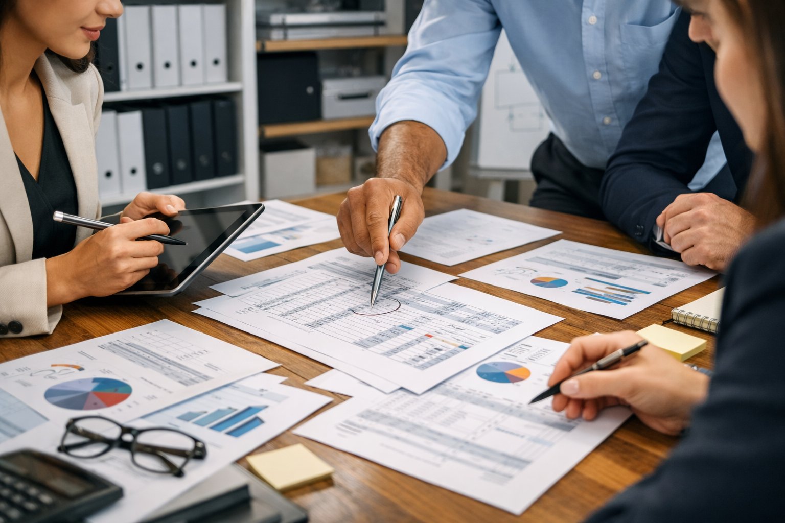 Des professionnels en réunion autour d'une table examinant des documents financiers pour identifier des erreurs.