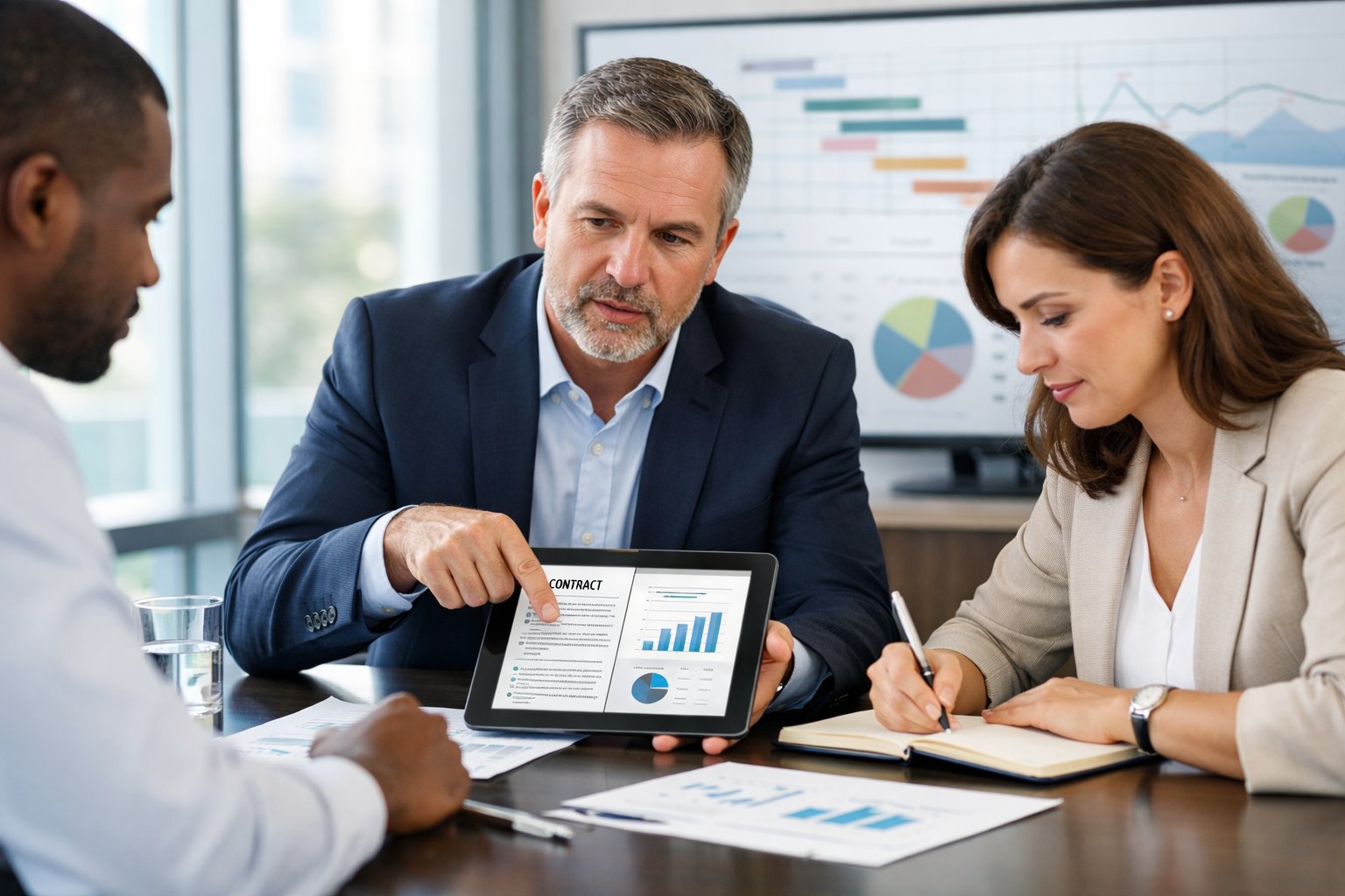 Un groupe de professionnels en réunion autour d'une table, discutant de documents et de graphiques sur un écran dans une salle de conférence moderne.