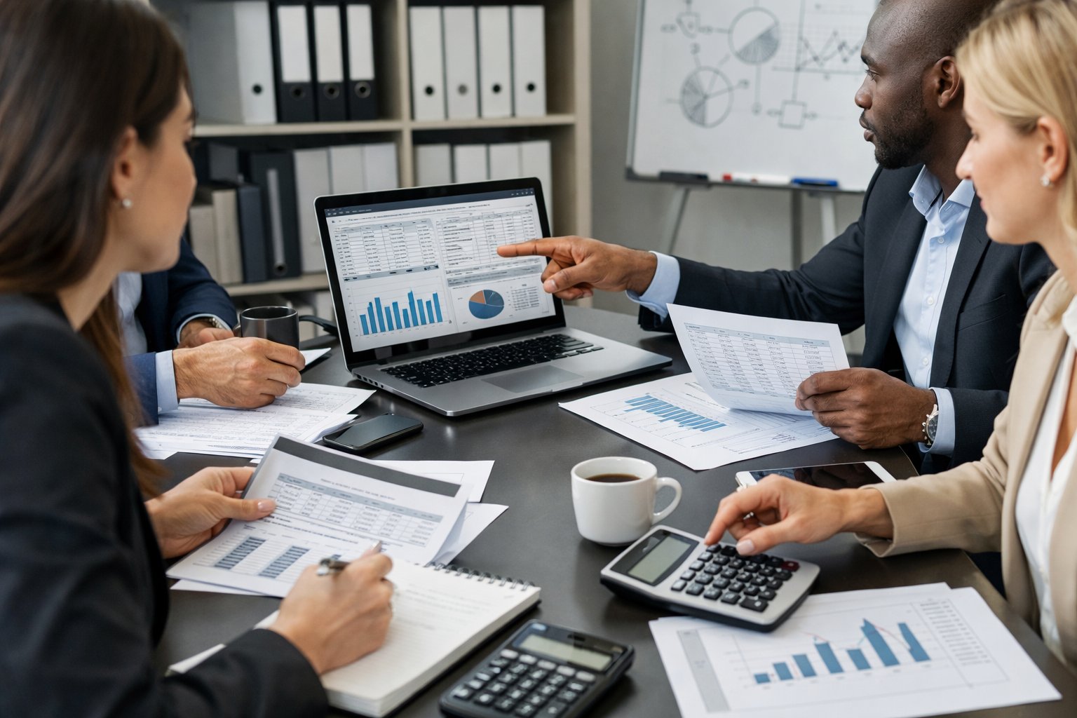 Un groupe de professionnels examinant des documents et des tableaux de calcul autour d'une table de réunion dans un bureau moderne.