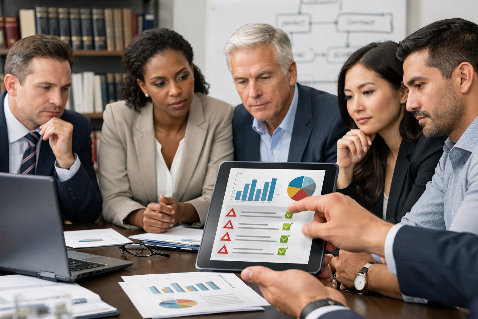 Des professionnels en réunion dans un bureau, examinant des documents et des graphiques pour éviter des erreurs de conformité réglementaire et contractuelle.