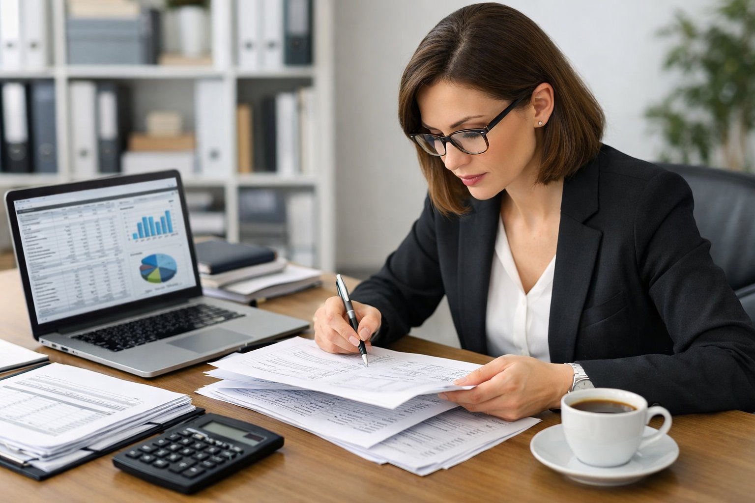 Une femme d'affaires concentrée examine des documents financiers sur un bureau organisé dans un bureau lumineux.