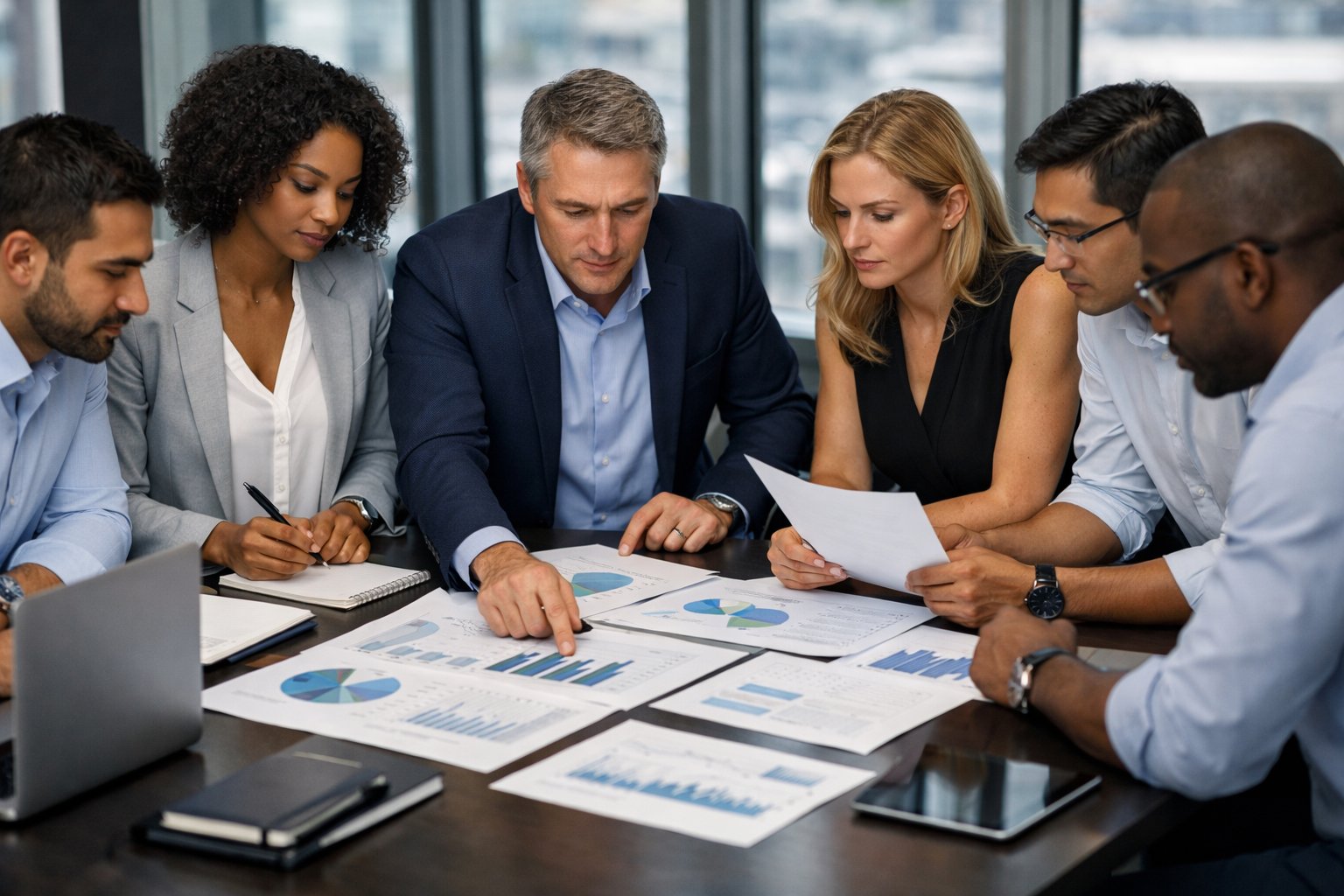 Des professionnels en réunion autour d'une table, examinant des documents et des graphiques dans un bureau moderne lumineux.