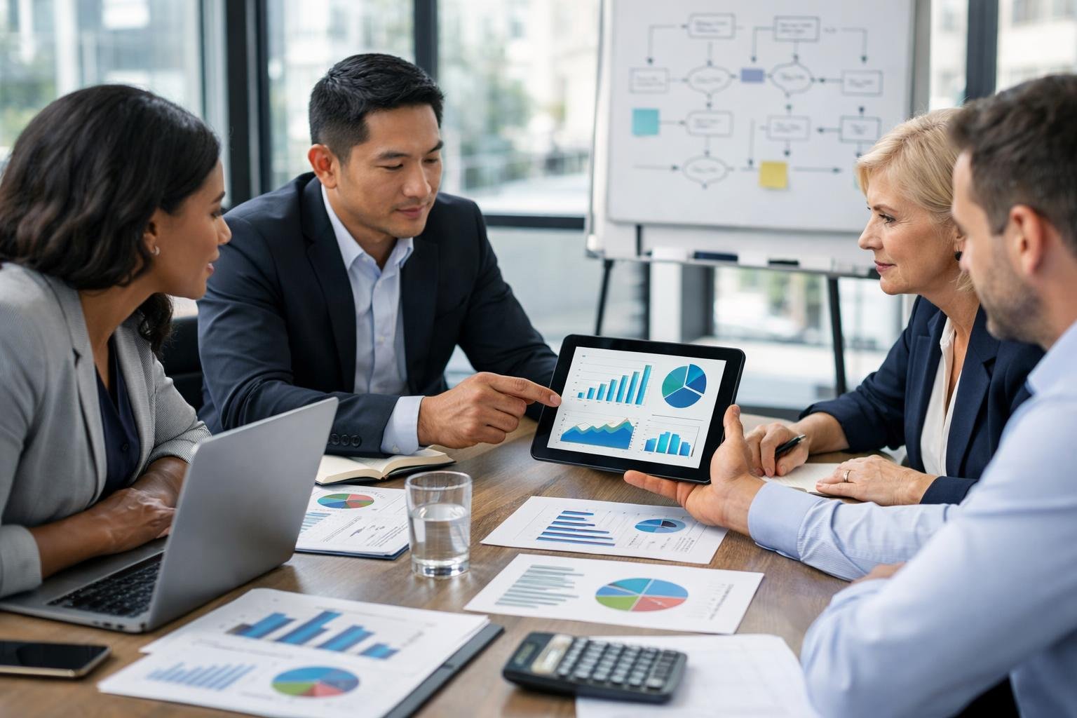 Un groupe de professionnels en réunion autour d'une table de conférence avec des ordinateurs et des documents, en train de discuter d'un projet.