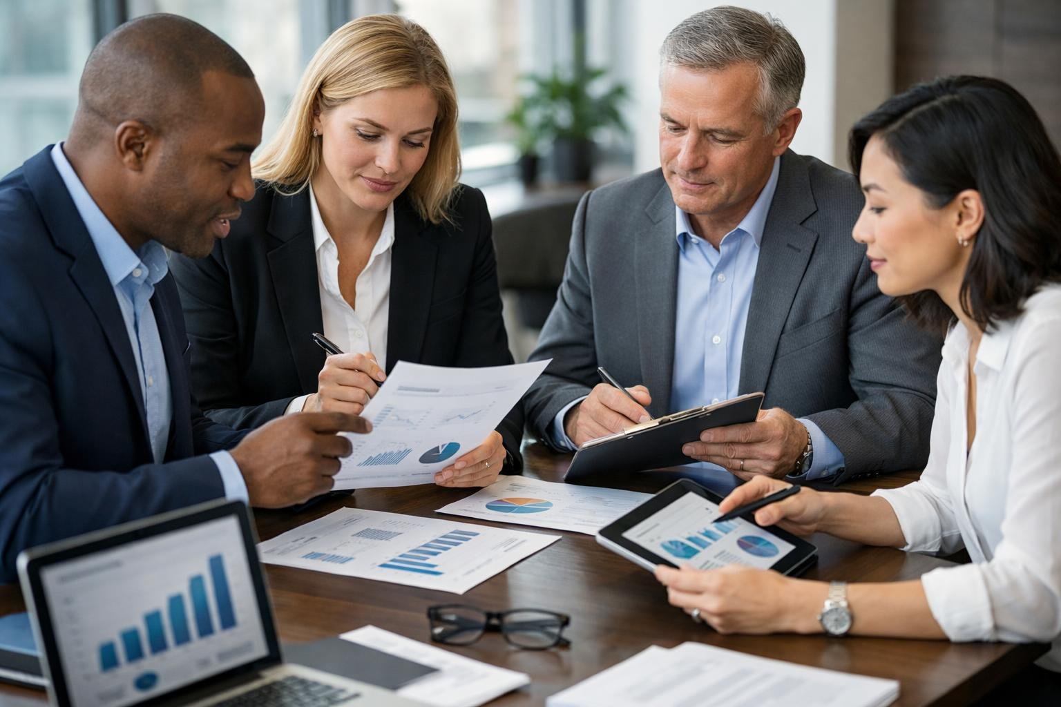 Des professionnels en réunion autour d'une table de conférence avec des documents et des appareils électroniques, en train de collaborer dans un bureau moderne.