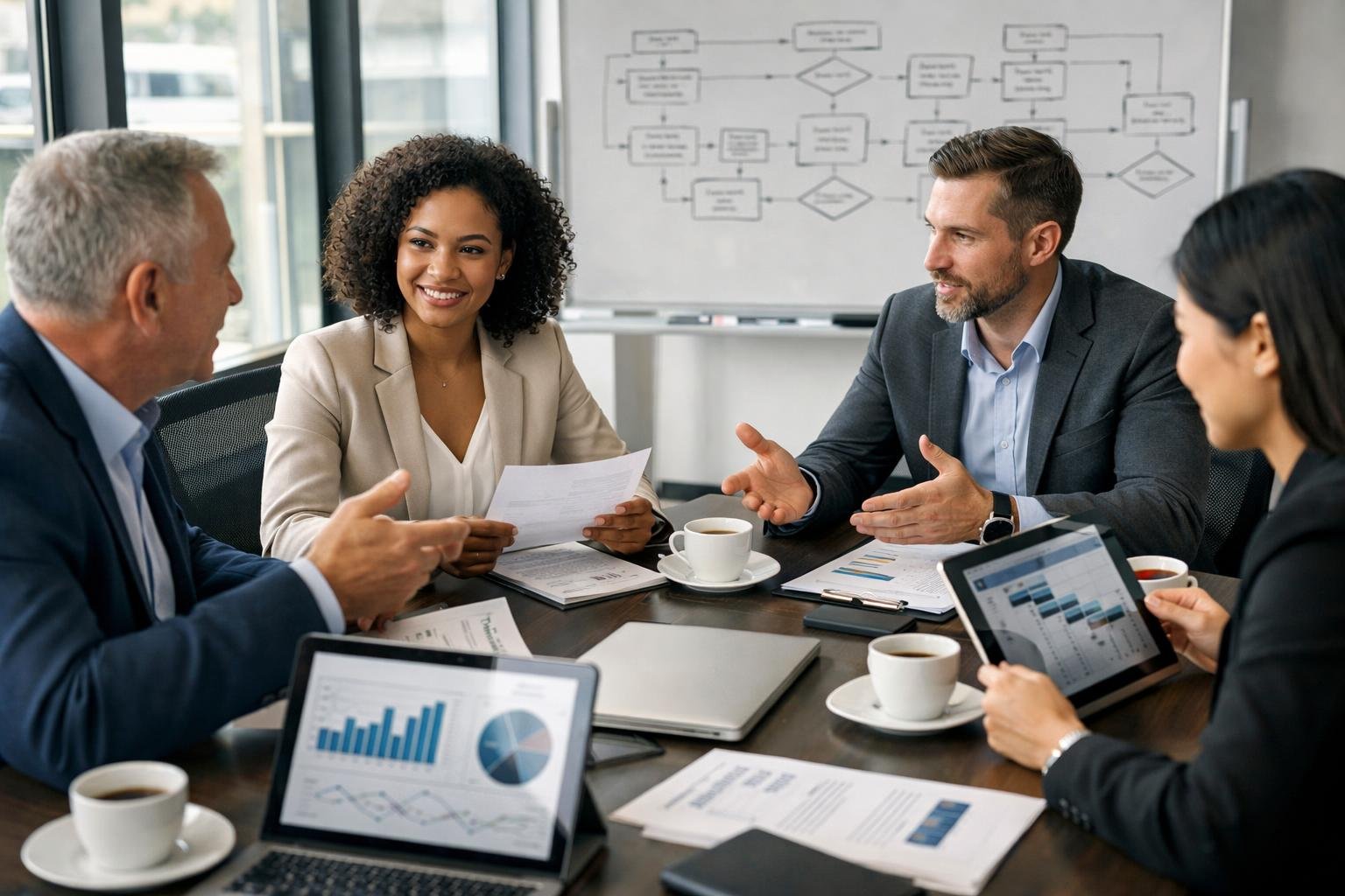 Un groupe de professionnels en réunion autour d'une table de conférence, discutant et examinant des documents et des appareils numériques dans un bureau lumineux.