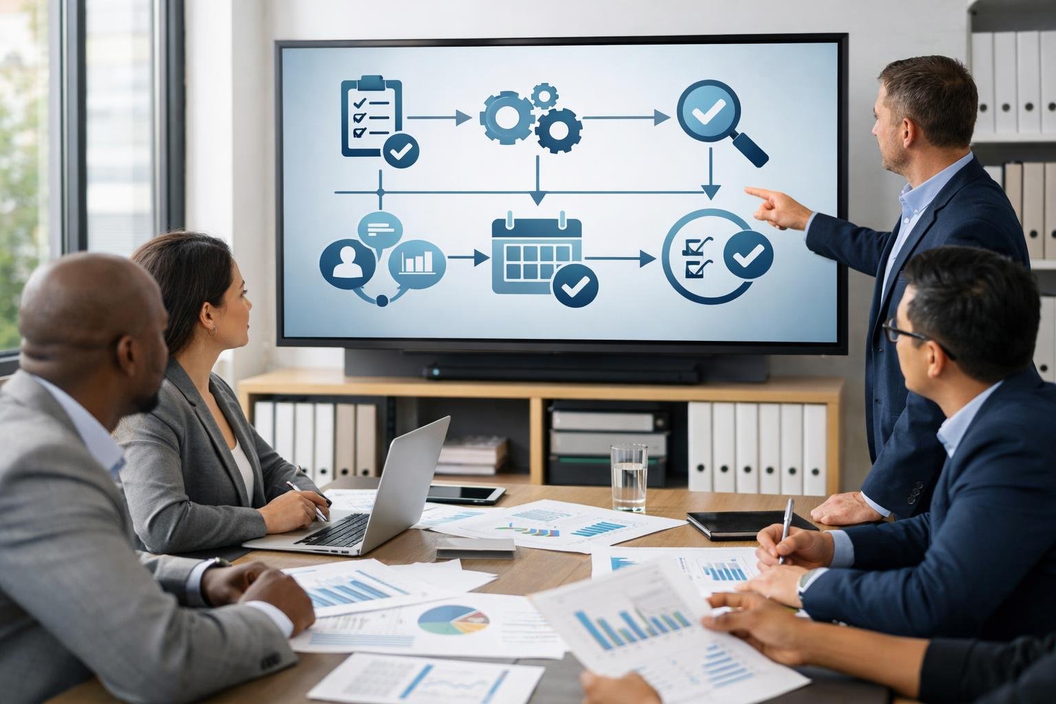 Des professionnels en réunion autour d'une table de conférence avec des documents et un écran numérique affichant des schémas, dans un bureau lumineux.