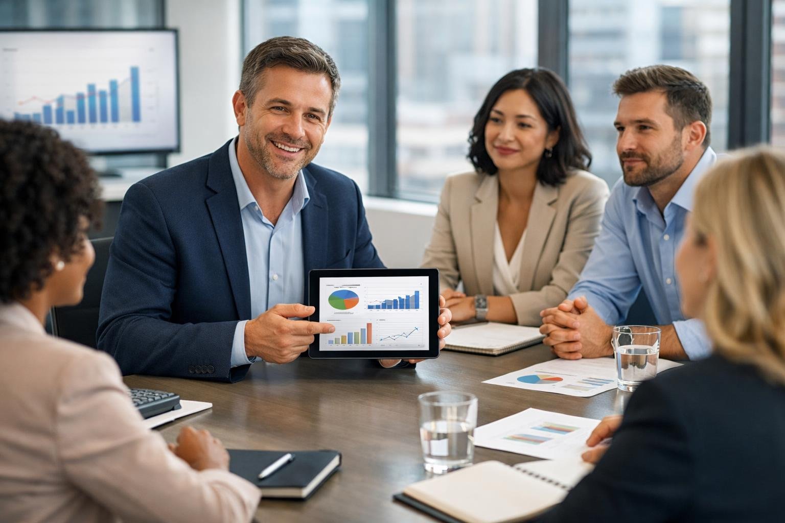 Des professionnels en réunion dans une salle de conférence, un représentant présente une proposition à ses collègues attentifs.
