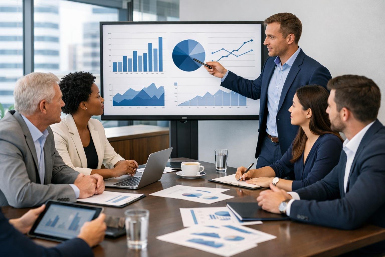 Un groupe de professionnels en réunion autour d'une table de conférence, discutant et analysant des documents et graphiques dans un bureau moderne.