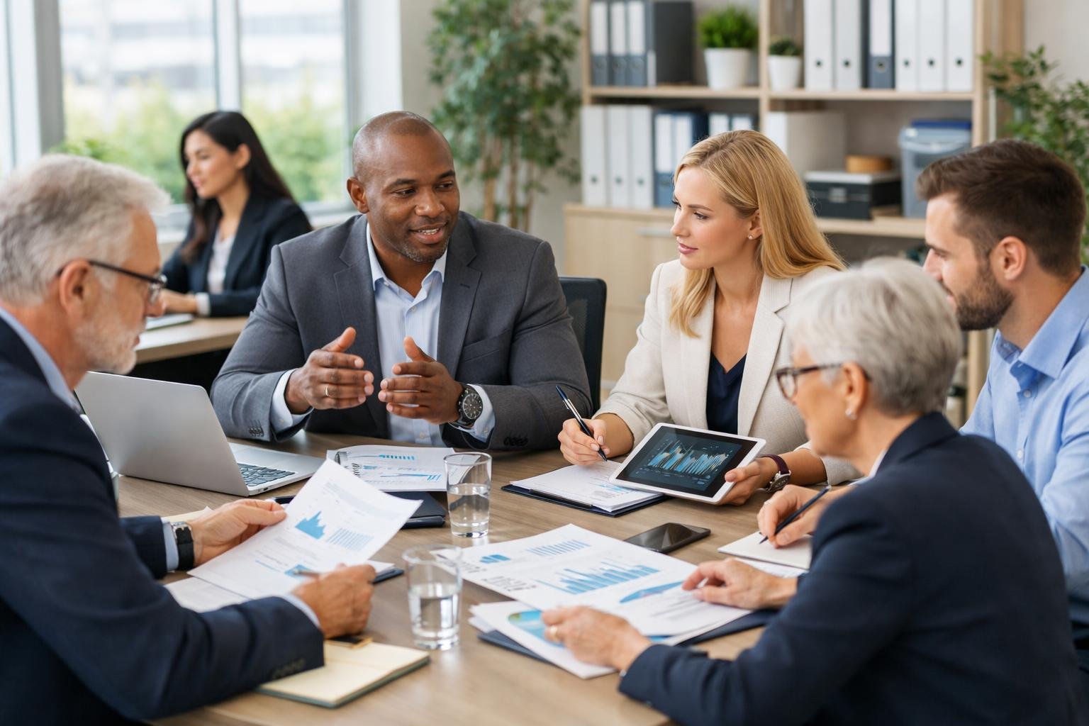Un groupe de professionnels en réunion autour d'une table de conférence, examinant des documents et des appareils numériques dans un bureau moderne et lumineux.