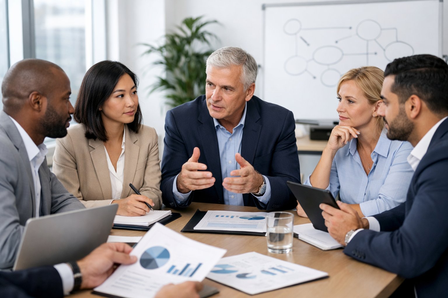 Un groupe de professionnels en réunion dans un bureau moderne discutant autour d'une table avec des ordinateurs et des documents.