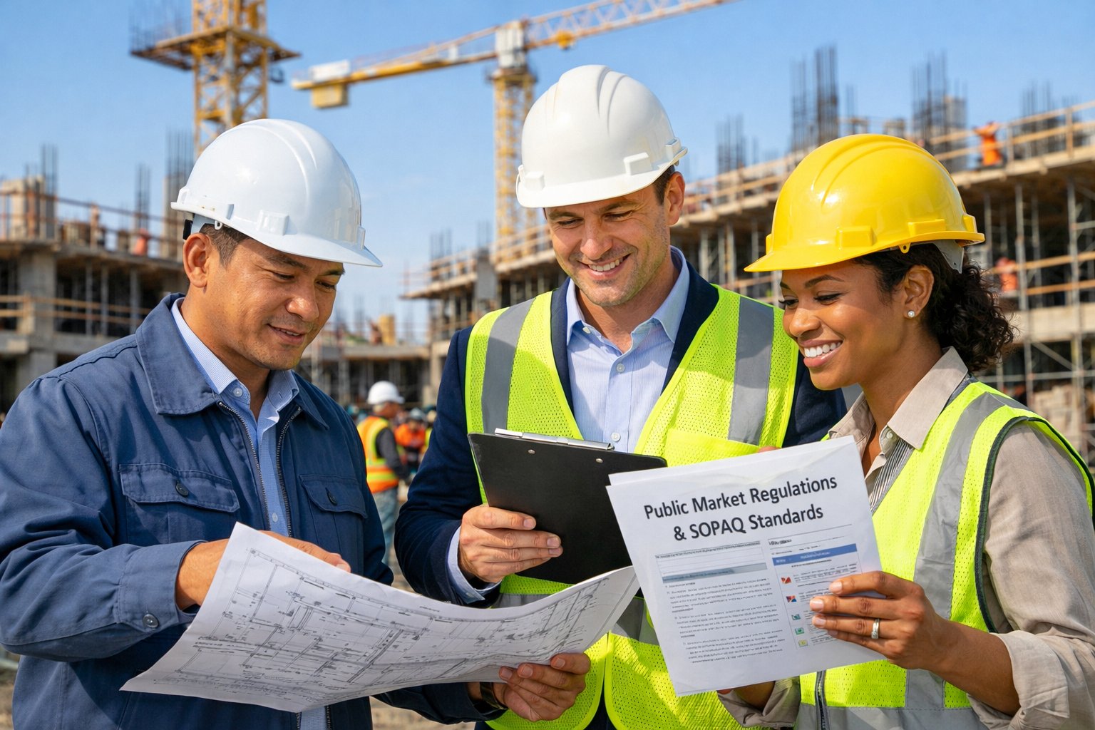 Des professionnels discutant autour de plans sur un chantier de construction actif avec des grues et des ouvriers en arrière-plan.