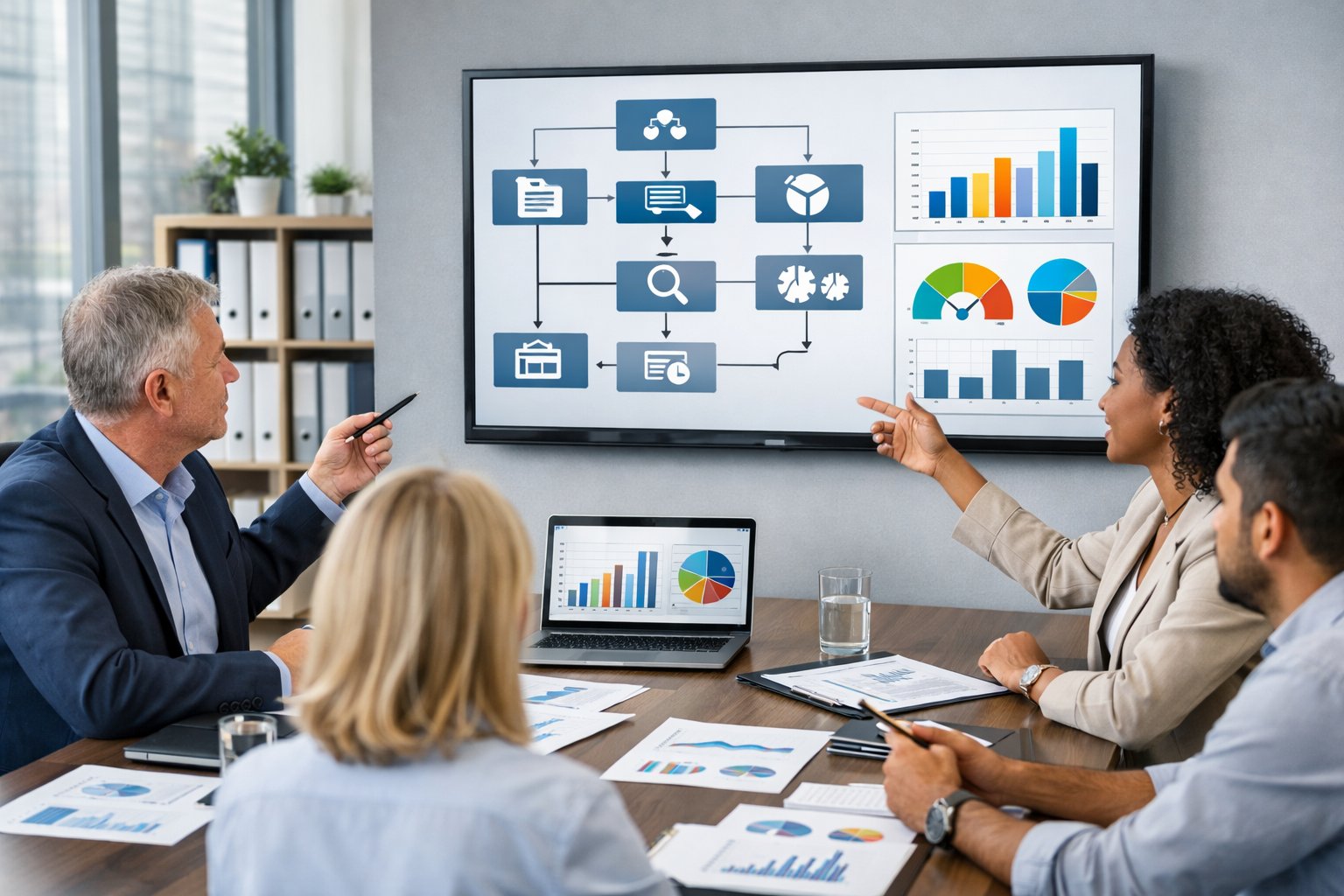 Un groupe de professionnels en réunion autour d'une table de conférence, examinant des documents et un écran affichant un organigramme et des données, dans un bureau moderne et lumineux.