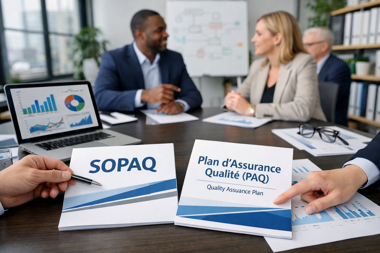 Un groupe de professionnels en réunion autour d'une table de conférence, examinant des documents et des graphiques liés à la qualité.