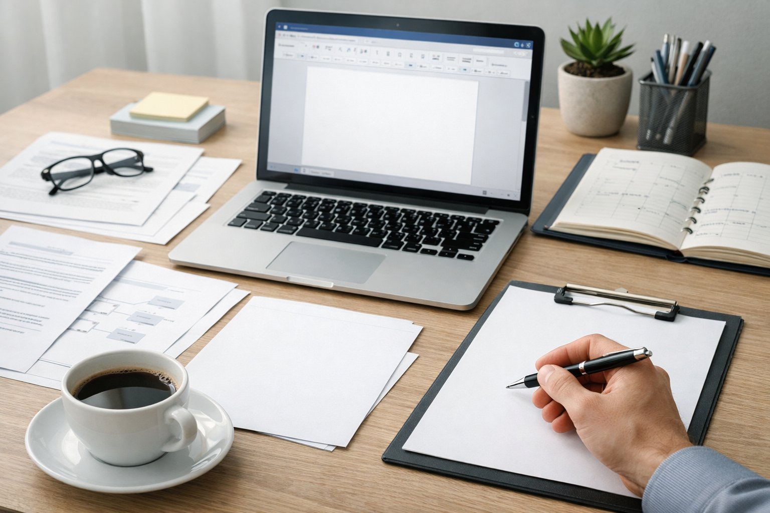 Un bureau moderne avec un ordinateur portable, des documents organisés, une tasse de café et une personne prête à écrire, illustrant la rédaction d'un SOPAQ étape par étape.