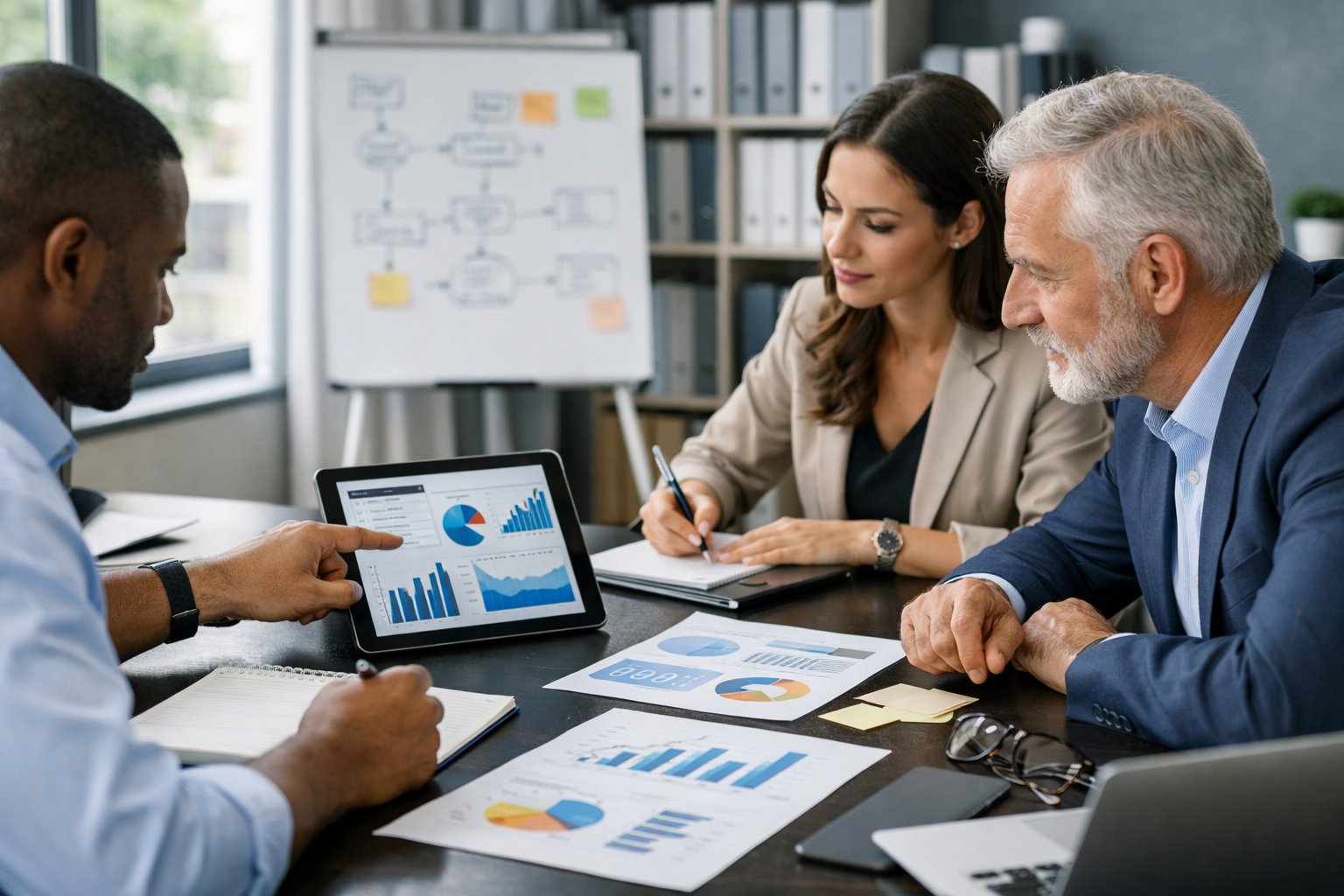 Des professionnels collaborant autour d'une table de réunion avec des documents et des appareils numériques dans un bureau lumineux.