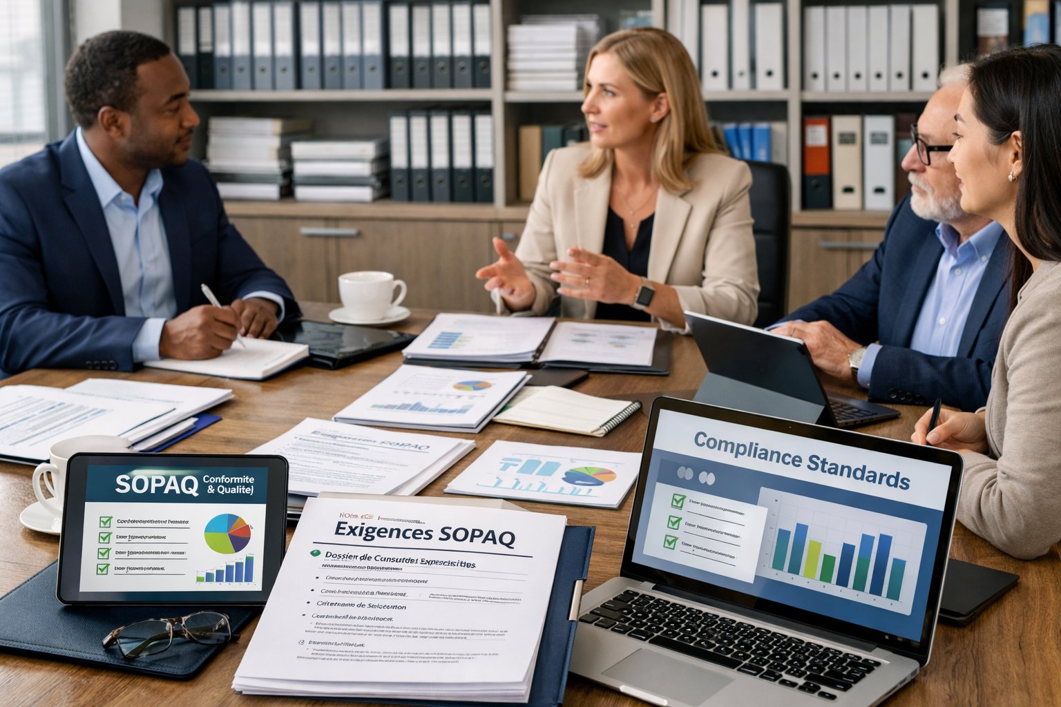 Un groupe de professionnels en réunion autour d'une table de conférence avec des documents et des ordinateurs dans un bureau moderne.
