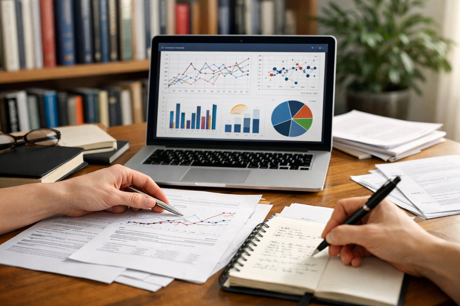 Un espace de travail moderne avec un ordinateur portable, des documents et des mains en train de prendre des notes, entouré de livres et d'une plante.