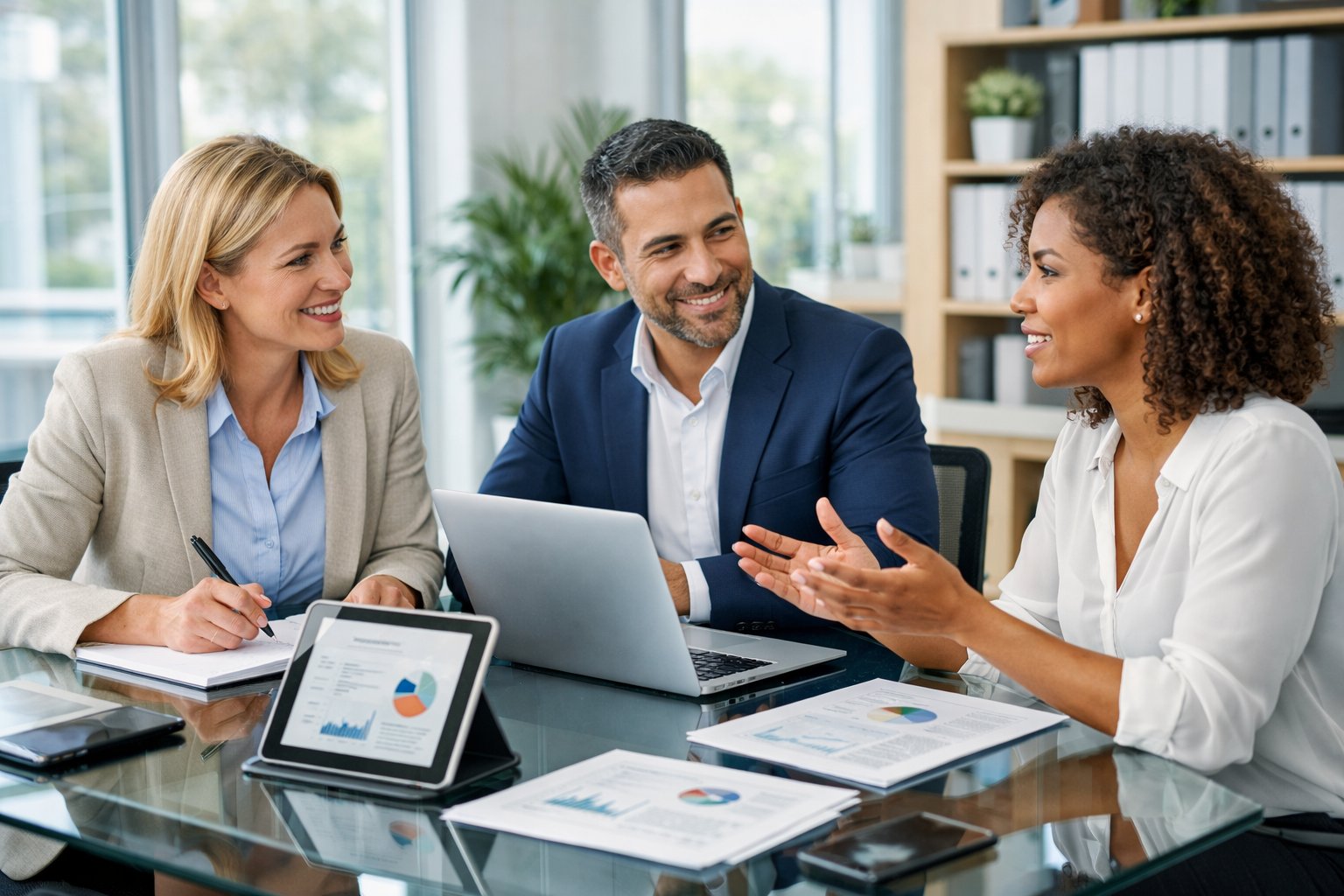 Trois professionnels discutant autour d'une table dans un bureau moderne et lumineux, avec des ordinateurs portables et des documents.