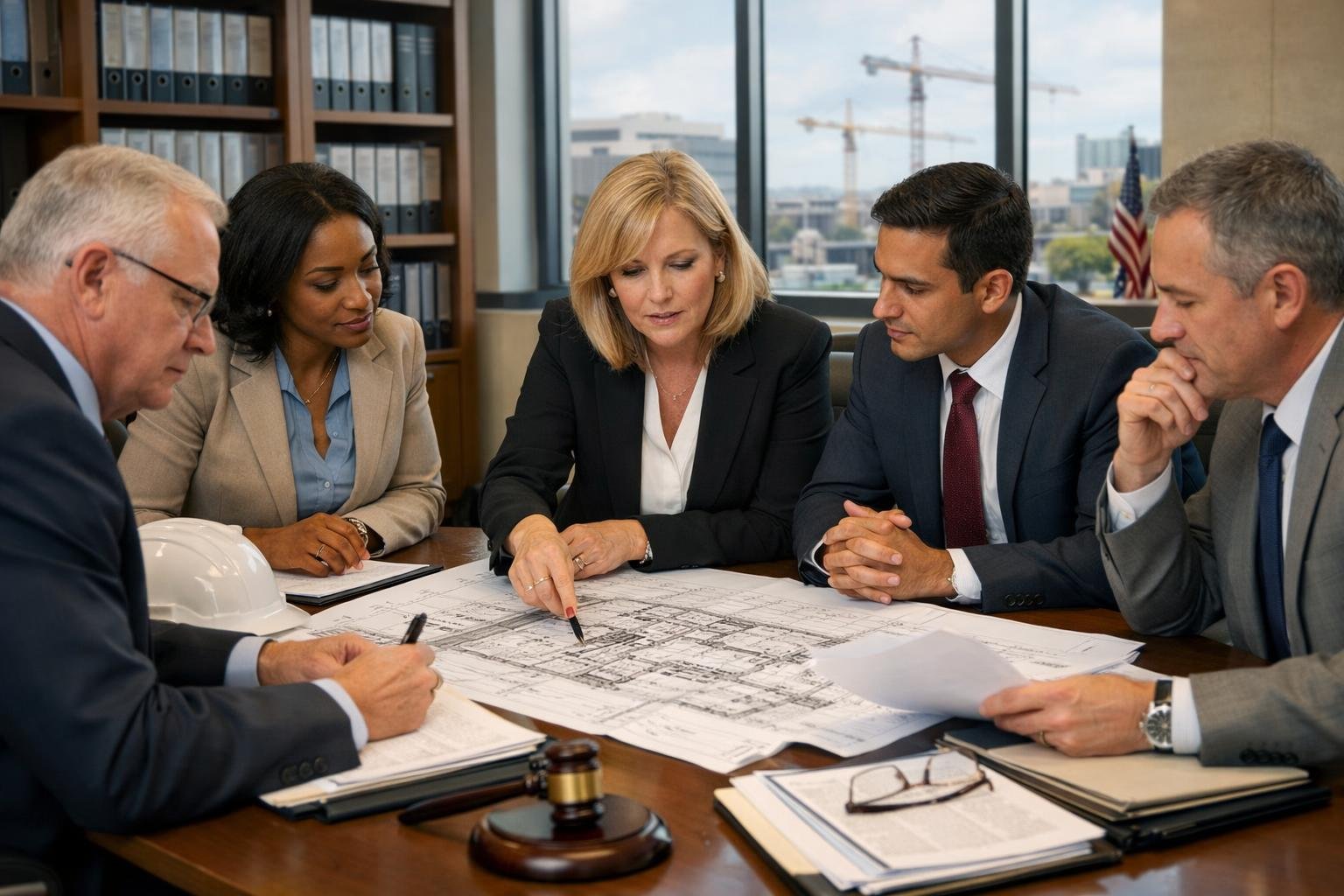 Un groupe de professionnels discutant autour d'une table avec des plans et des documents dans un bureau moderne lumineux.