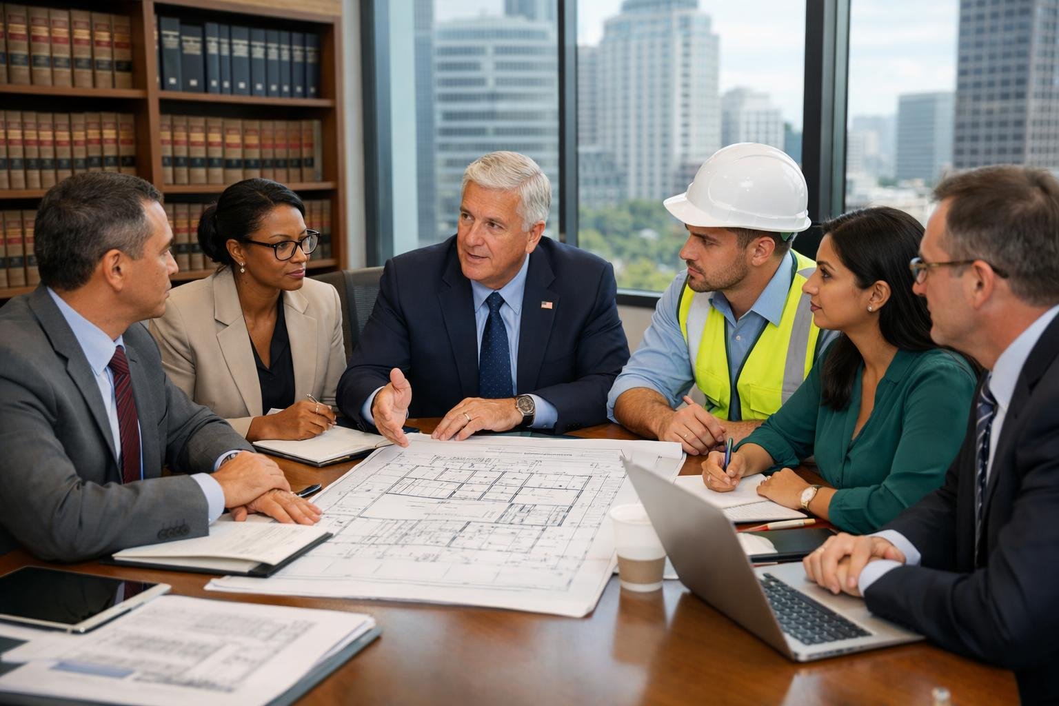 Des responsables publics en réunion autour d'une table avec des plans et des documents dans un bureau moderne.