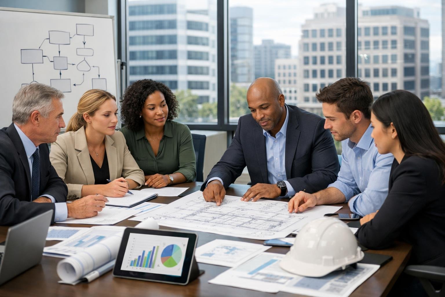 Des professionnels en réunion dans un bureau moderne, collaborant autour de plans et d'ordinateurs avec une vue sur la ville en arrière-plan.