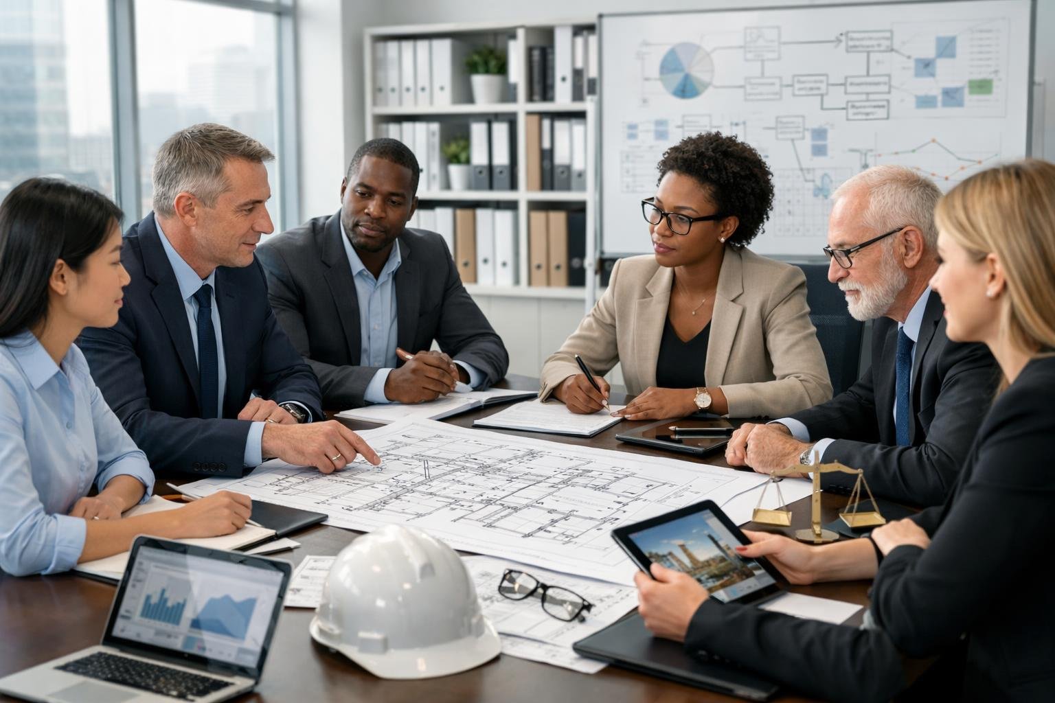 Un groupe de professionnels travaillant ensemble autour d'une table de réunion avec des plans et des ordinateurs dans un bureau lumineux.