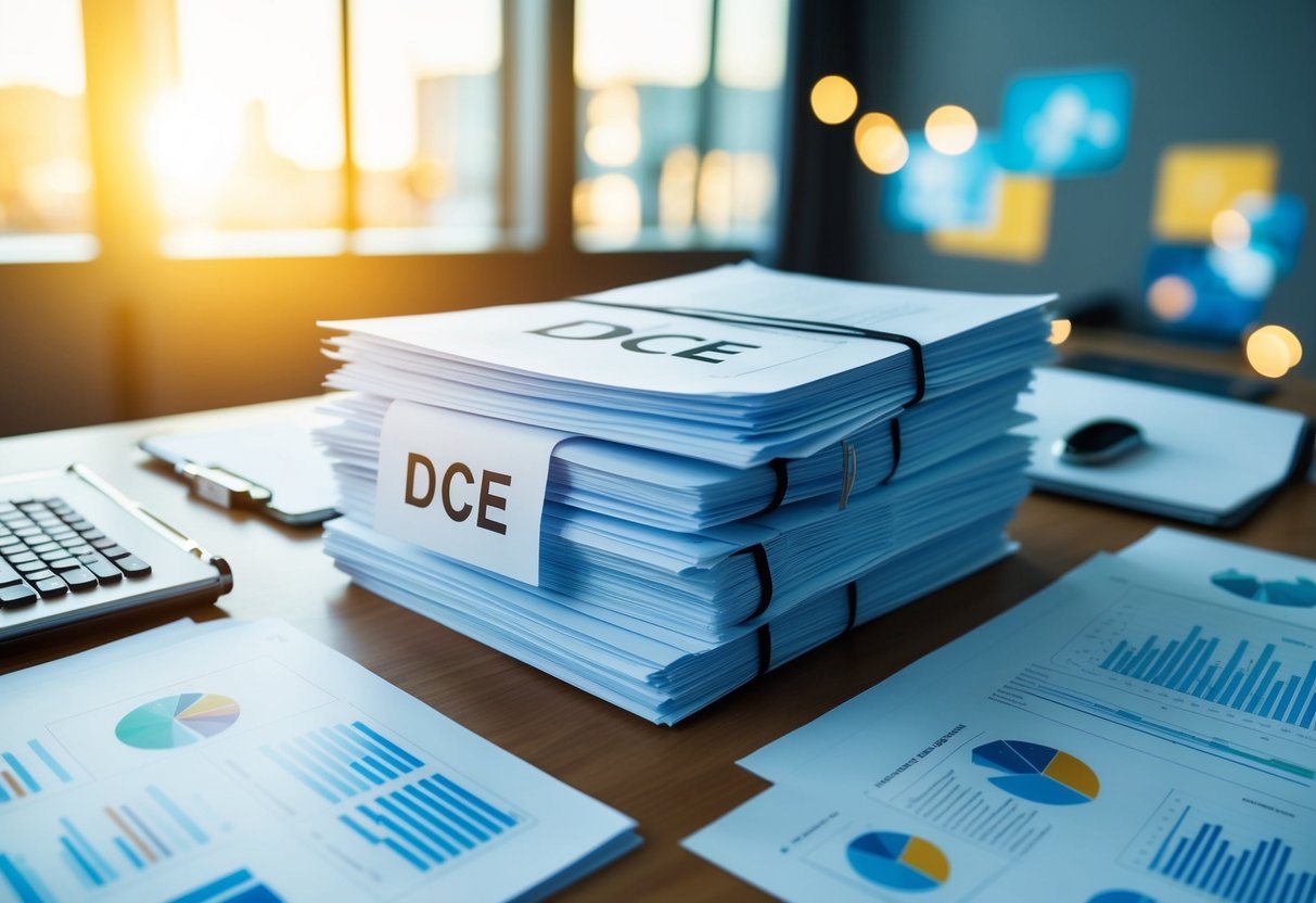 Une pile de documents détaillés étiquetés "DCE" avec divers graphiques et diagrammes étalés sur un bureau