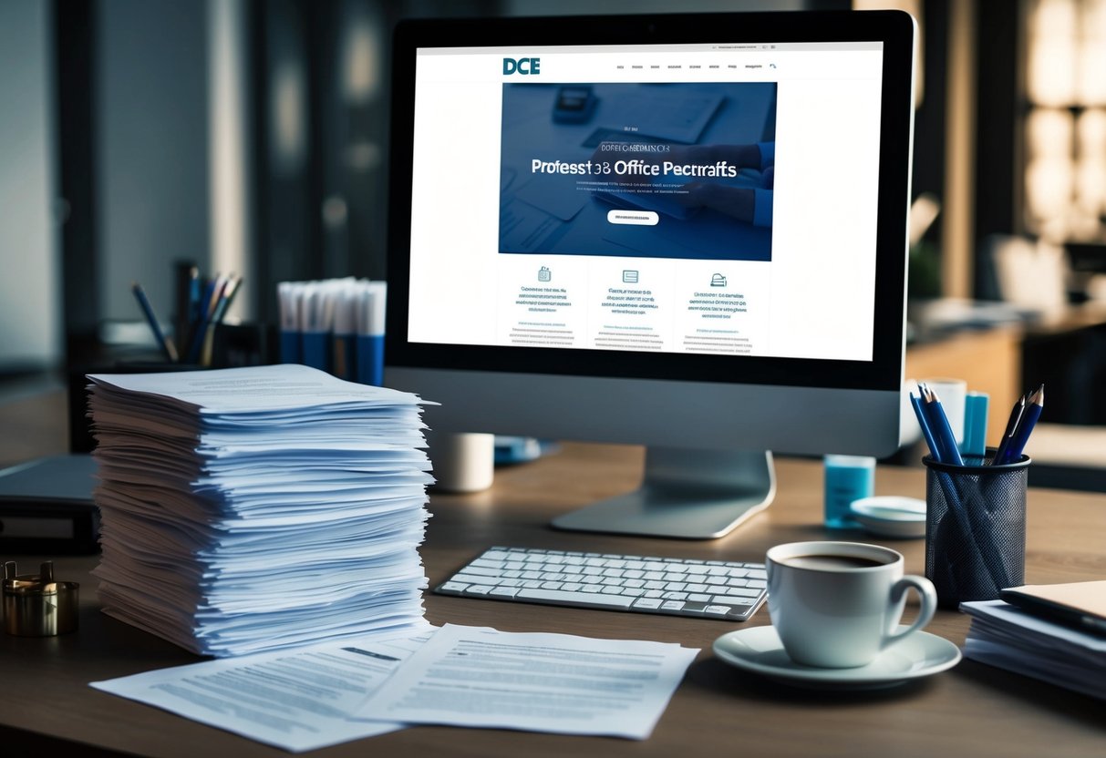 Une pile de papiers et un écran d'ordinateur affichant le site web du DCE, entourés de fournitures de bureau et d'une tasse de café