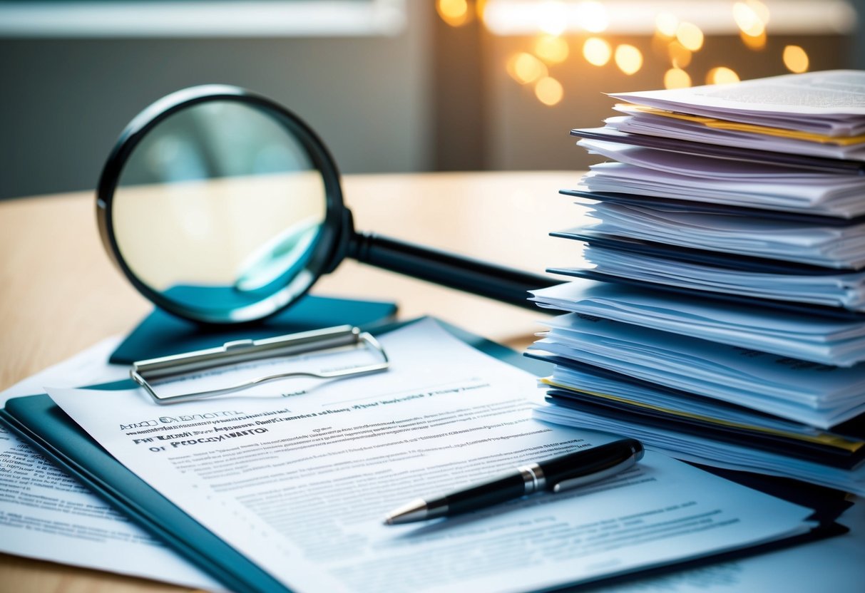 Une pile de documents juridiques et de règlements entourée d'une loupe et d'un stylo