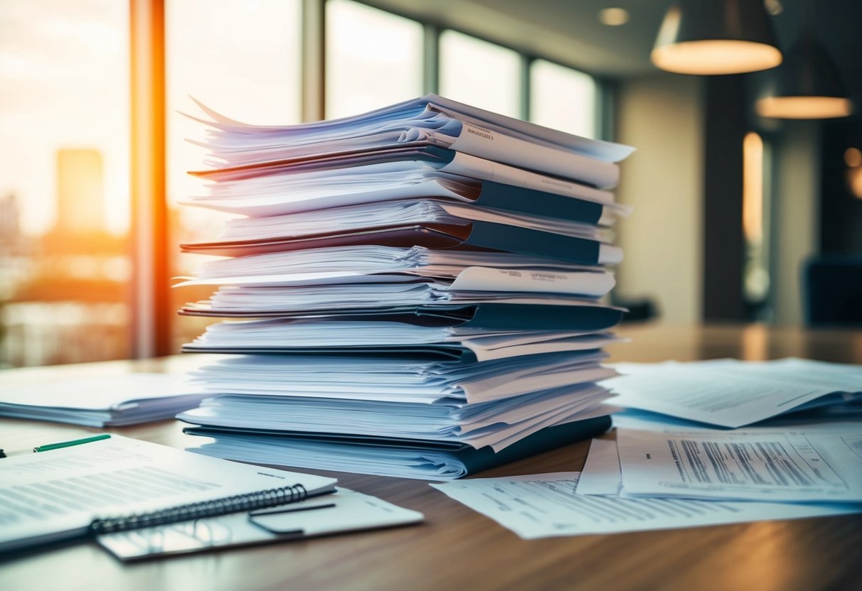 Une pile de documents de construction avec des notes de révision et des questions éparpillées autour