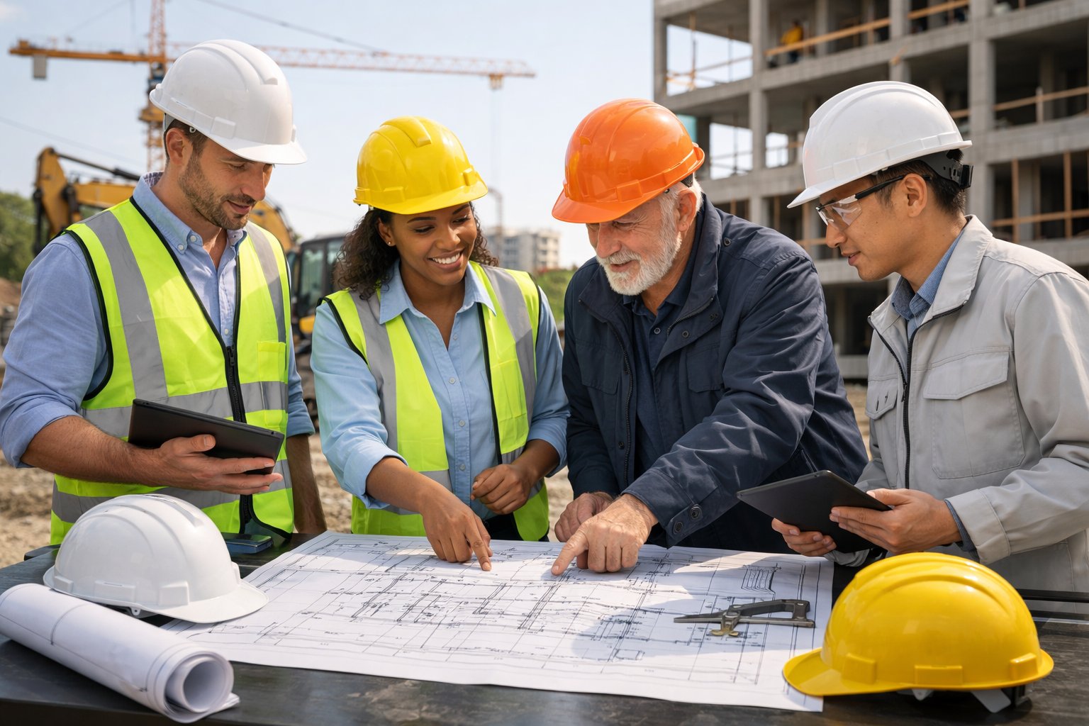 Une équipe d'ingénieurs et de gestionnaires de projet discutant de plans sur un chantier de construction actif.