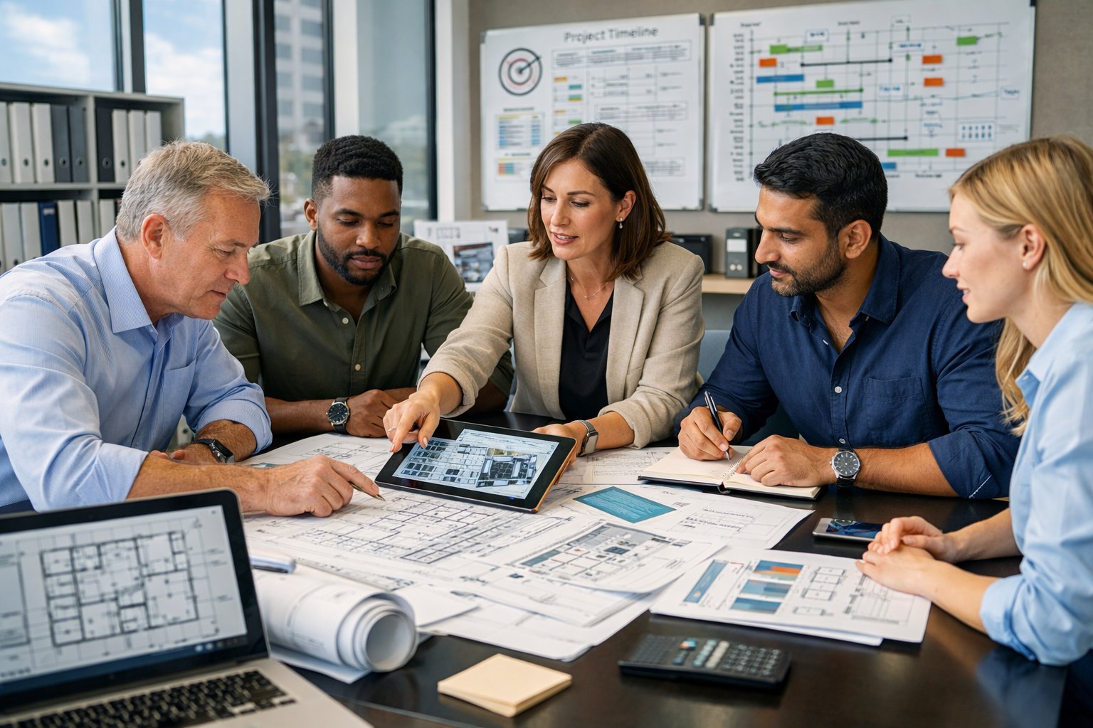 Une équipe de professionnels en réunion autour d'une table, examinant des plans et des documents liés à l'exécution de travaux.