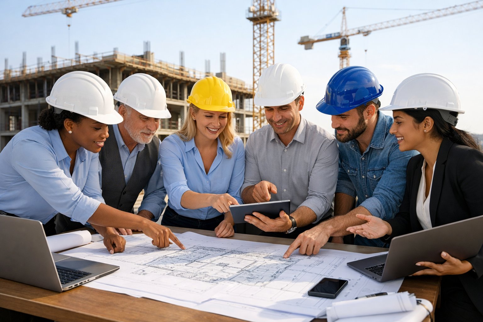 Un groupe diversifié de professionnels du bâtiment et de la gestion de projet discutant autour d'une table avec des plans et des appareils électroniques sur un chantier de construction.