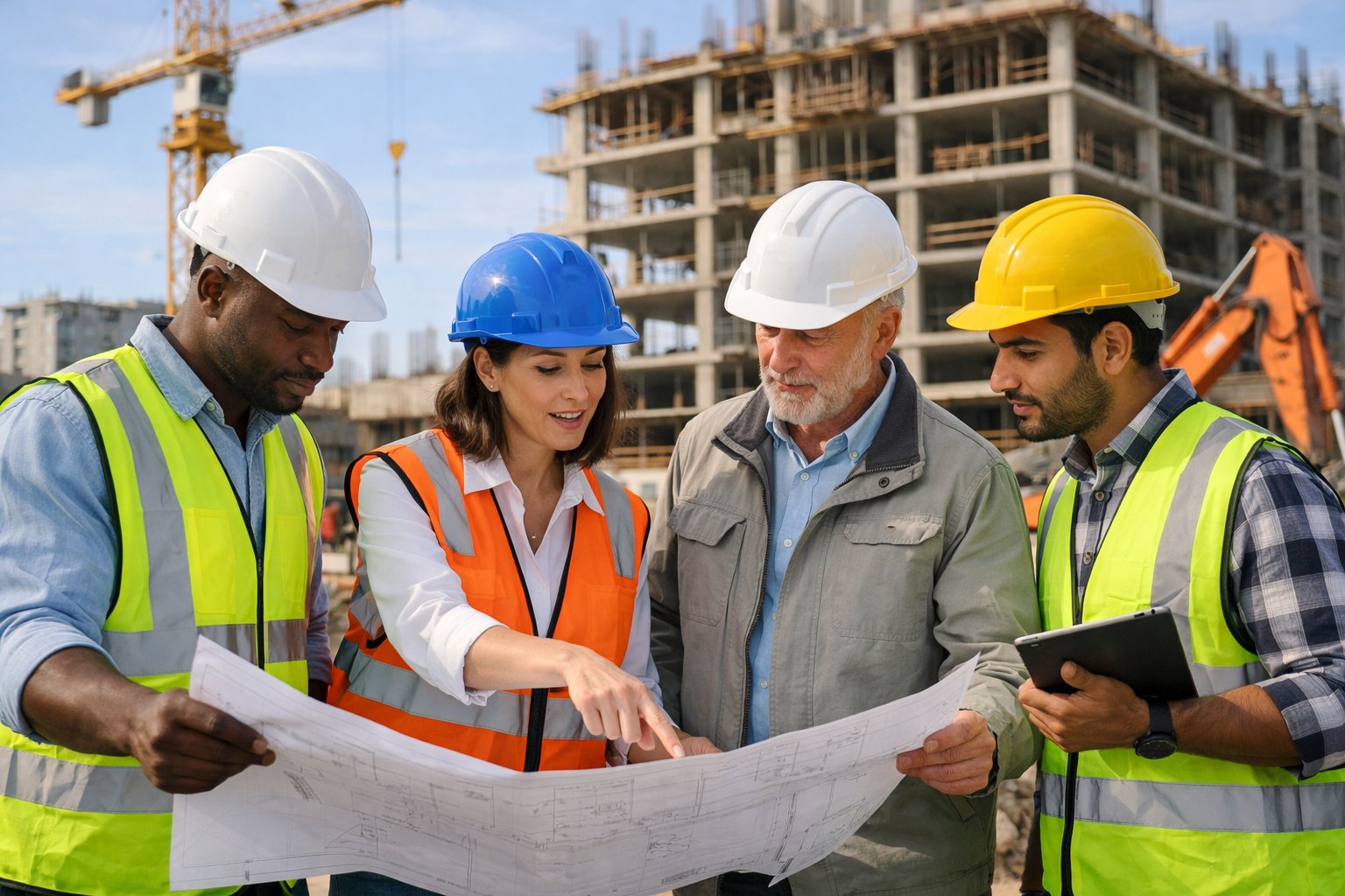 Une équipe d’ingénieurs et de chefs de projet en tenue de sécurité discutant et examinant des plans sur un chantier de construction actif.