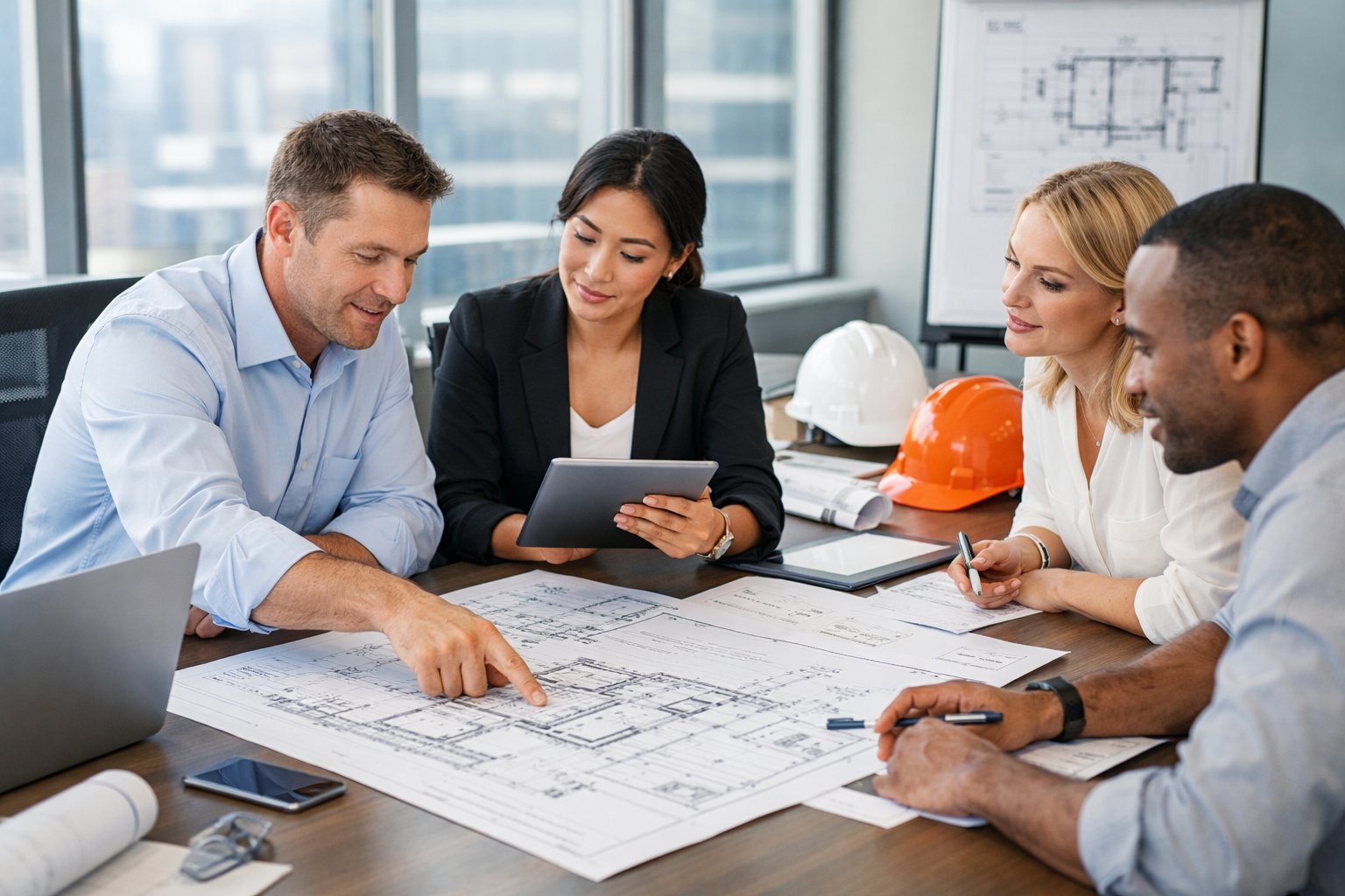 Une équipe de professionnels en réunion autour d'une table avec des plans et des ordinateurs dans un bureau lumineux.