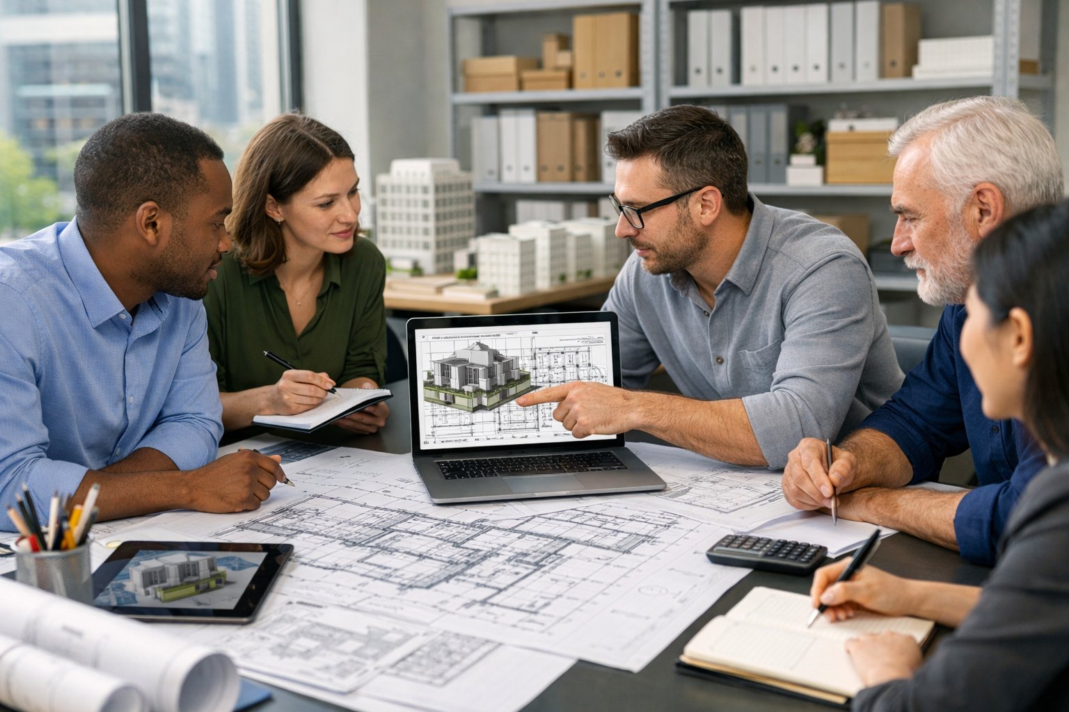Des professionnels en réunion autour d'une table avec des plans et des ordinateurs dans un bureau moderne lumineux.