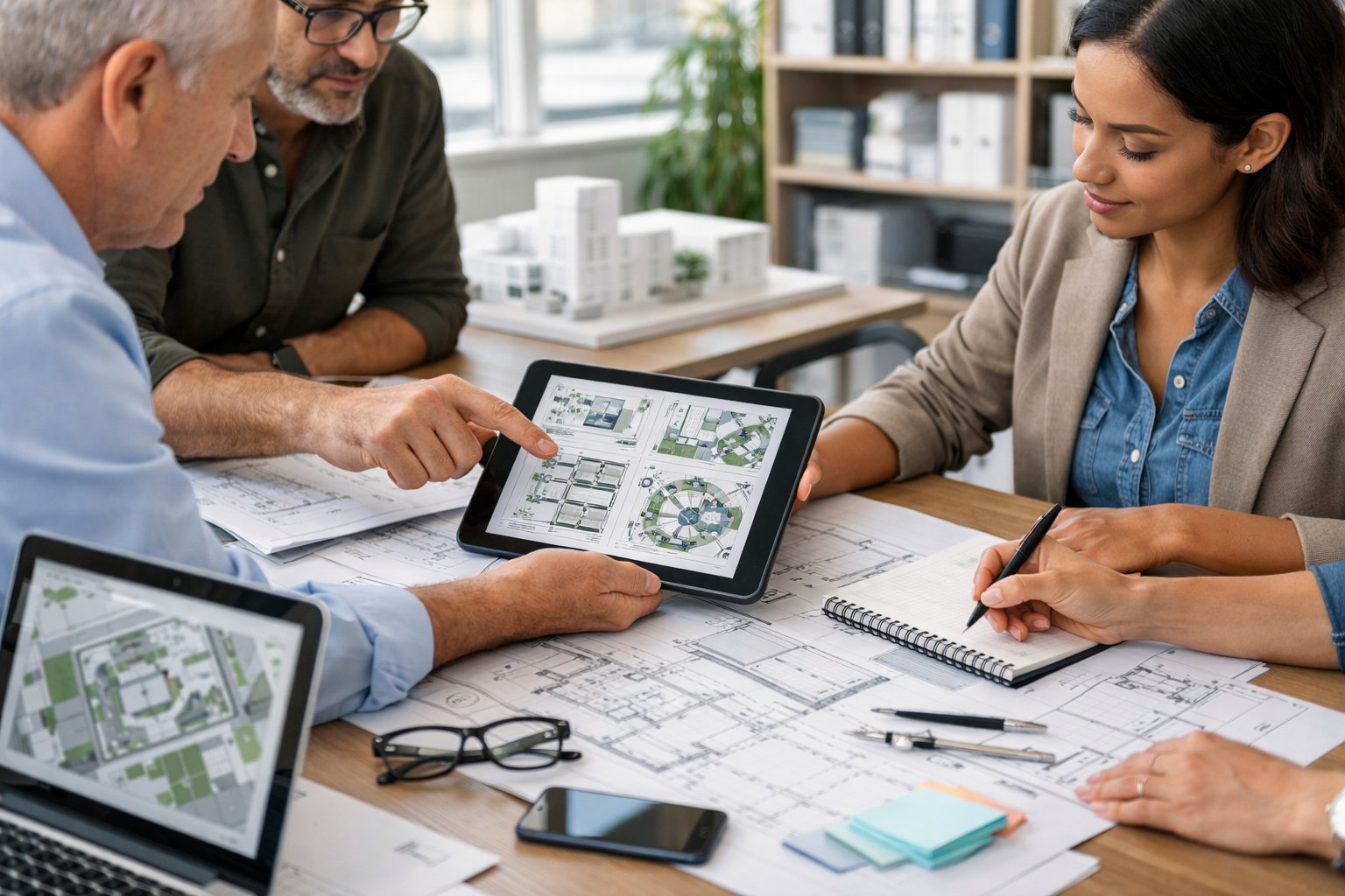 Des professionnels collaborent autour d'une table avec des plans et des appareils numériques dans un bureau lumineux.