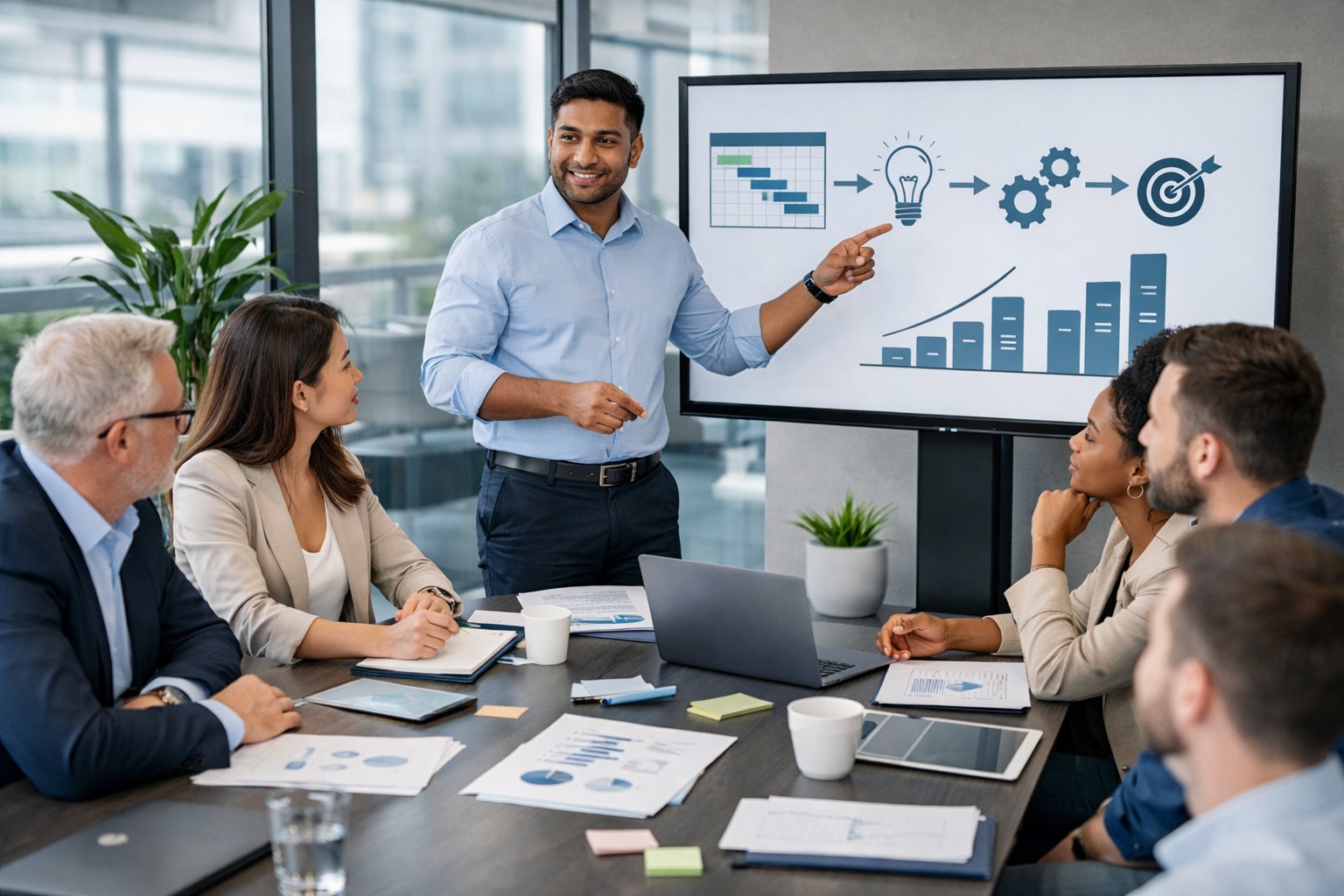 Des professionnels en réunion autour d'une table de conférence, discutant et planifiant un projet dans un bureau moderne.
