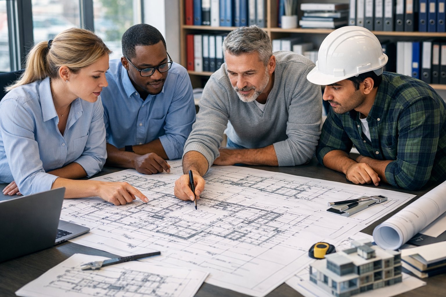 Un groupe de professionnels en réunion autour d'une table avec des plans techniques et des ordinateurs dans un bureau lumineux.