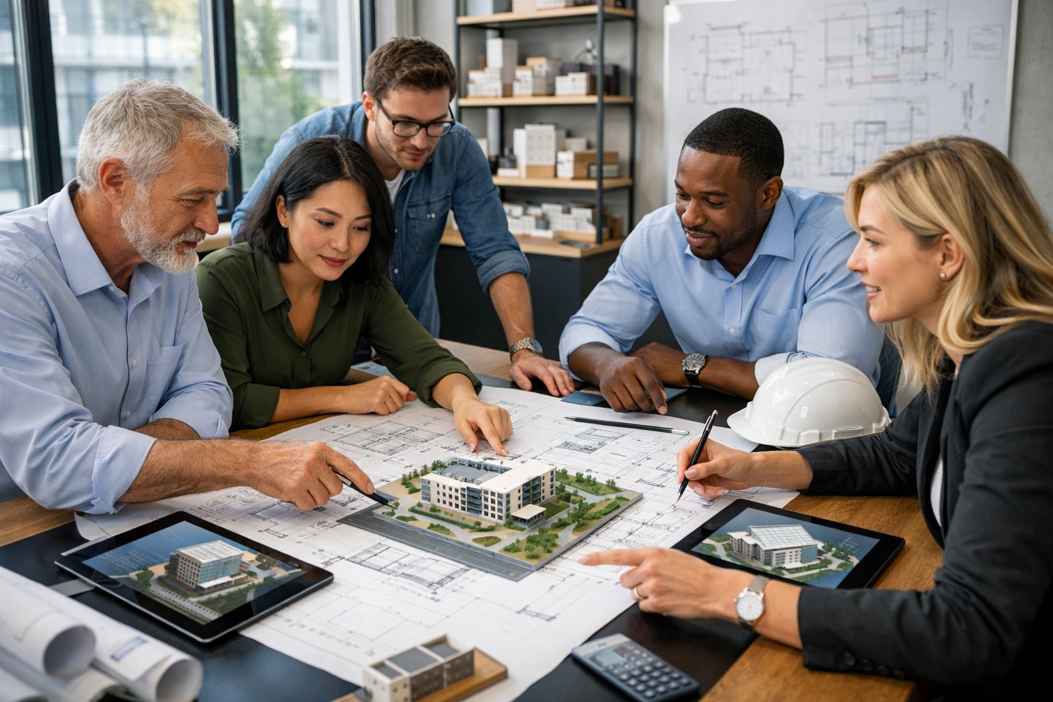 Équipe d'architectes en réunion autour d'une table avec des plans et des modèles 3D, travaillant sur la phase Avant-Projet d'un projet de construction.