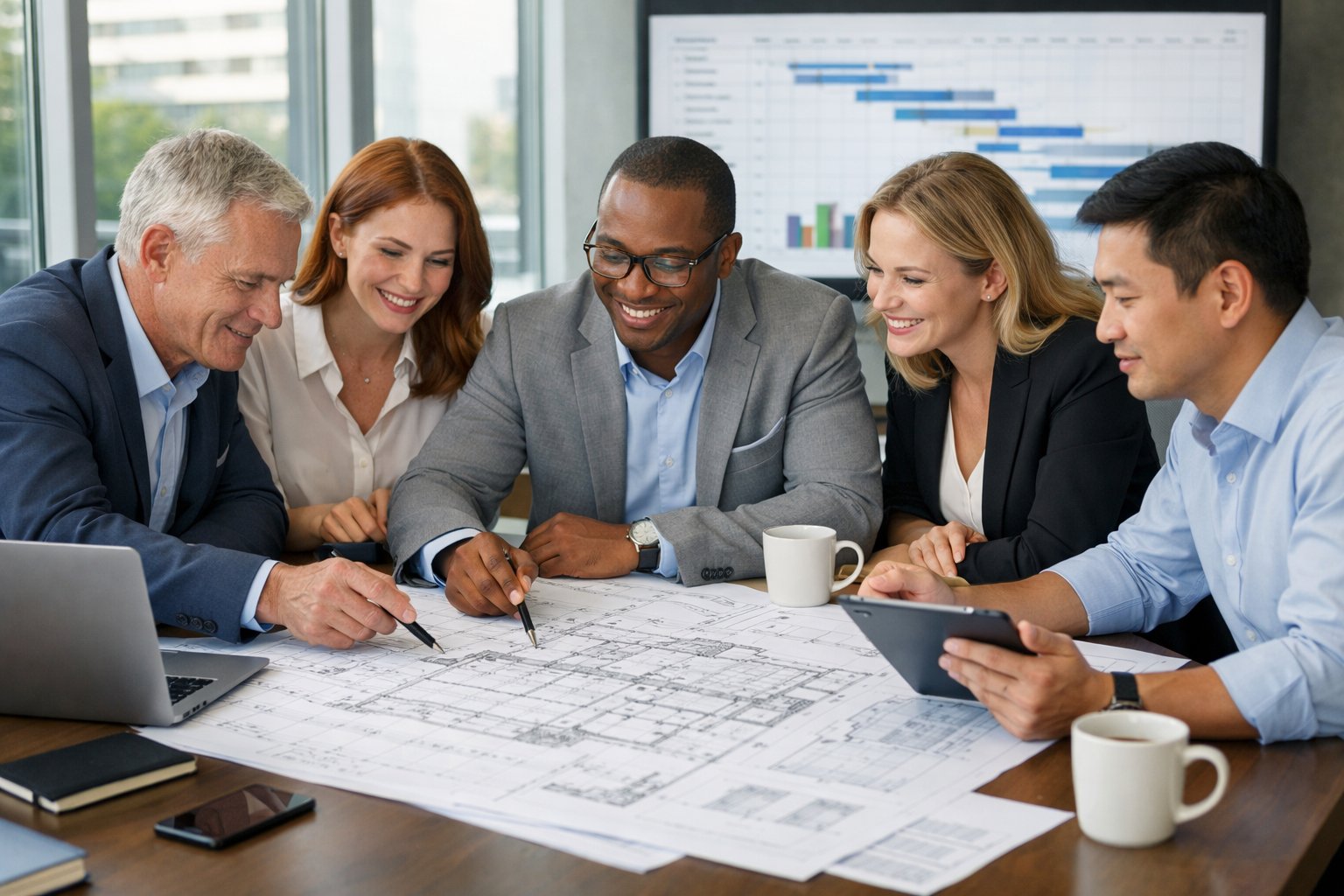 Un groupe de professionnels en réunion autour d'une table examinant des plans de projet dans un bureau moderne lumineux.
