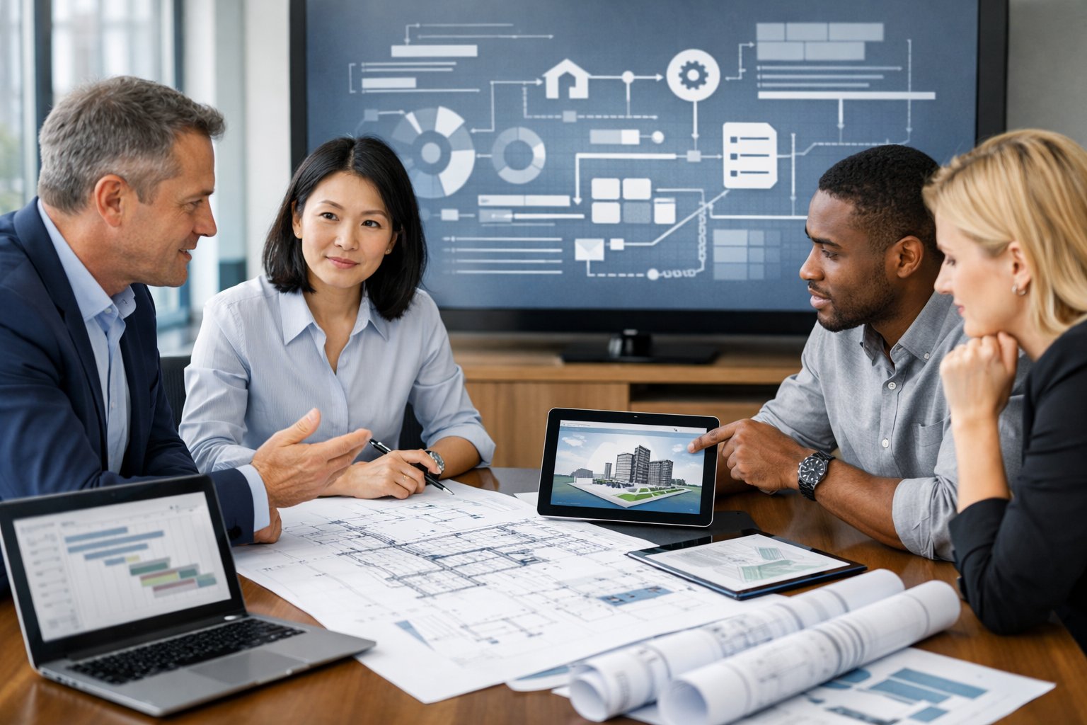 Un groupe de professionnels discutant autour d'une table de conférence avec des plans et des appareils numériques dans un bureau moderne.