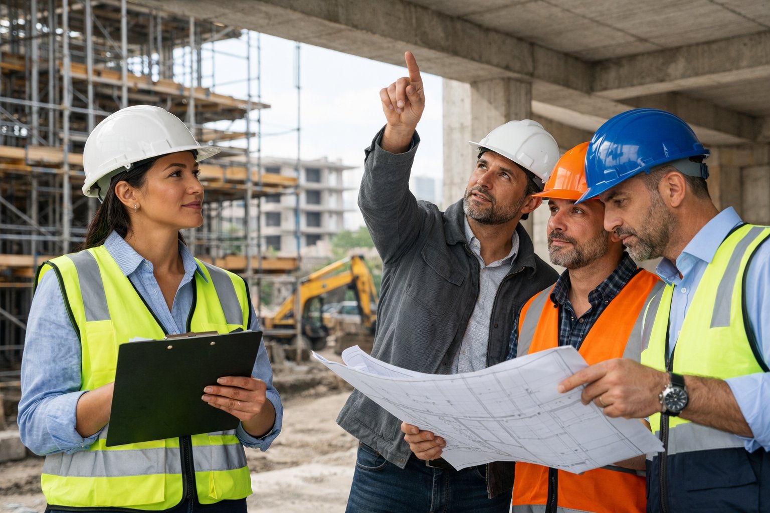 Des professionnels en casque inspectent un chantier de construction et discutent autour de plans.