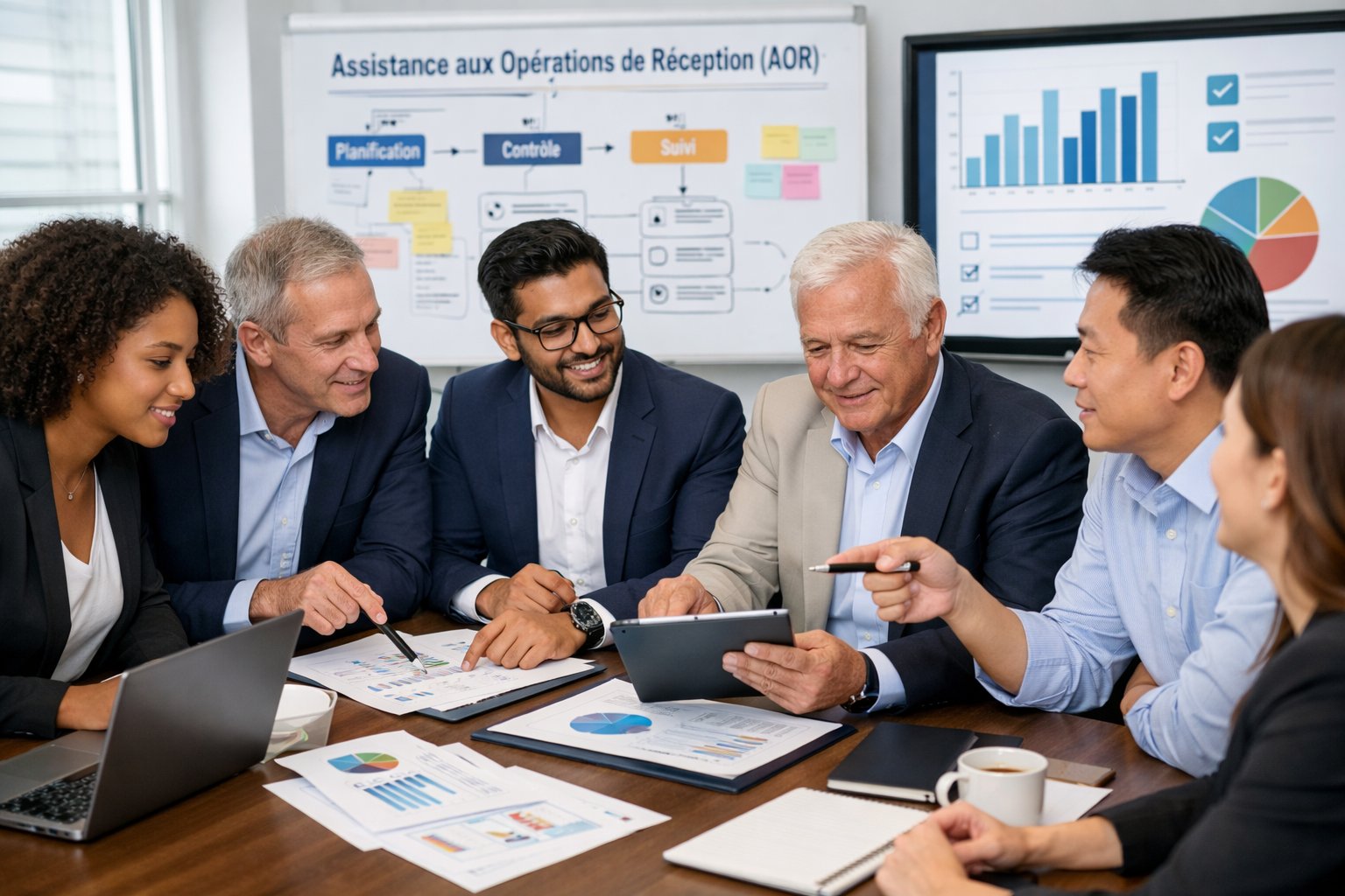 Un groupe de professionnels en réunion dans un bureau moderne, discutant et collaborant autour d'une table avec des ordinateurs et des documents.