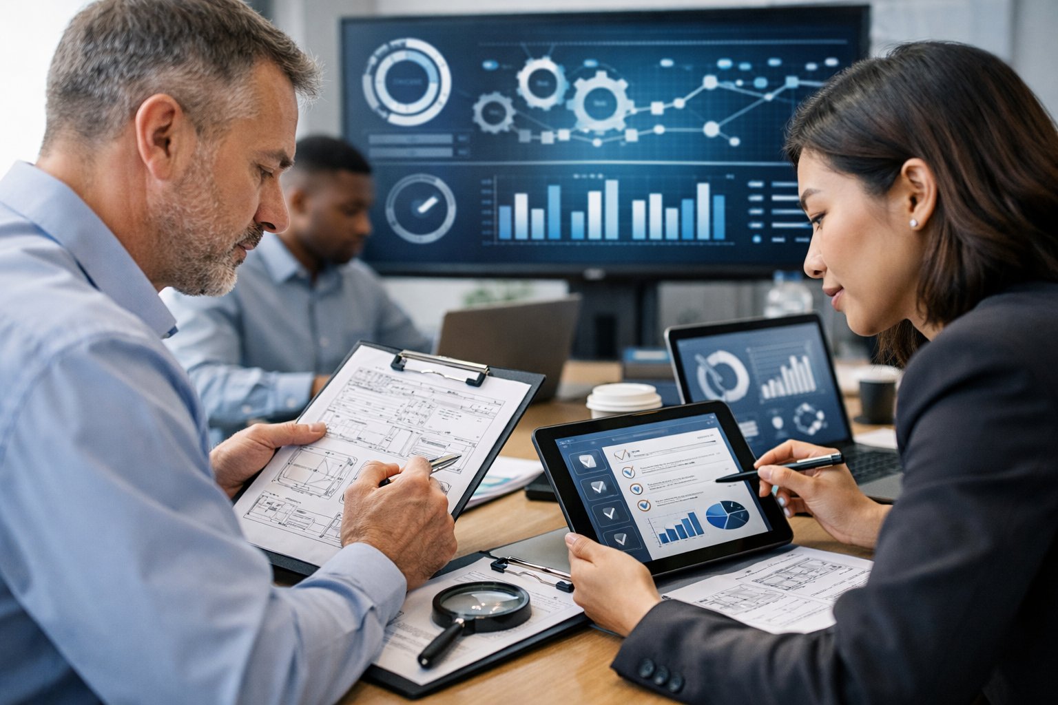 Des professionnels en bureau examinent des documents et des tablettes avec des graphiques, travaillant ensemble sur la vérification de service régulier.