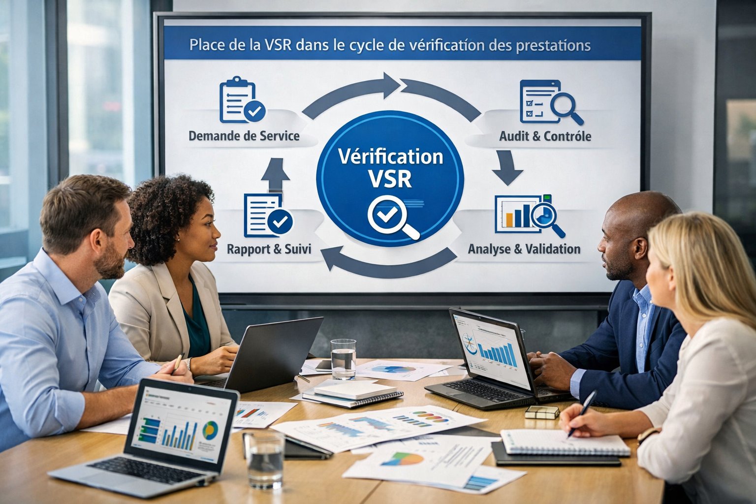 Un groupe de professionnels en réunion autour d'une table avec des documents et un écran affichant un diagramme de cycle de vérification.