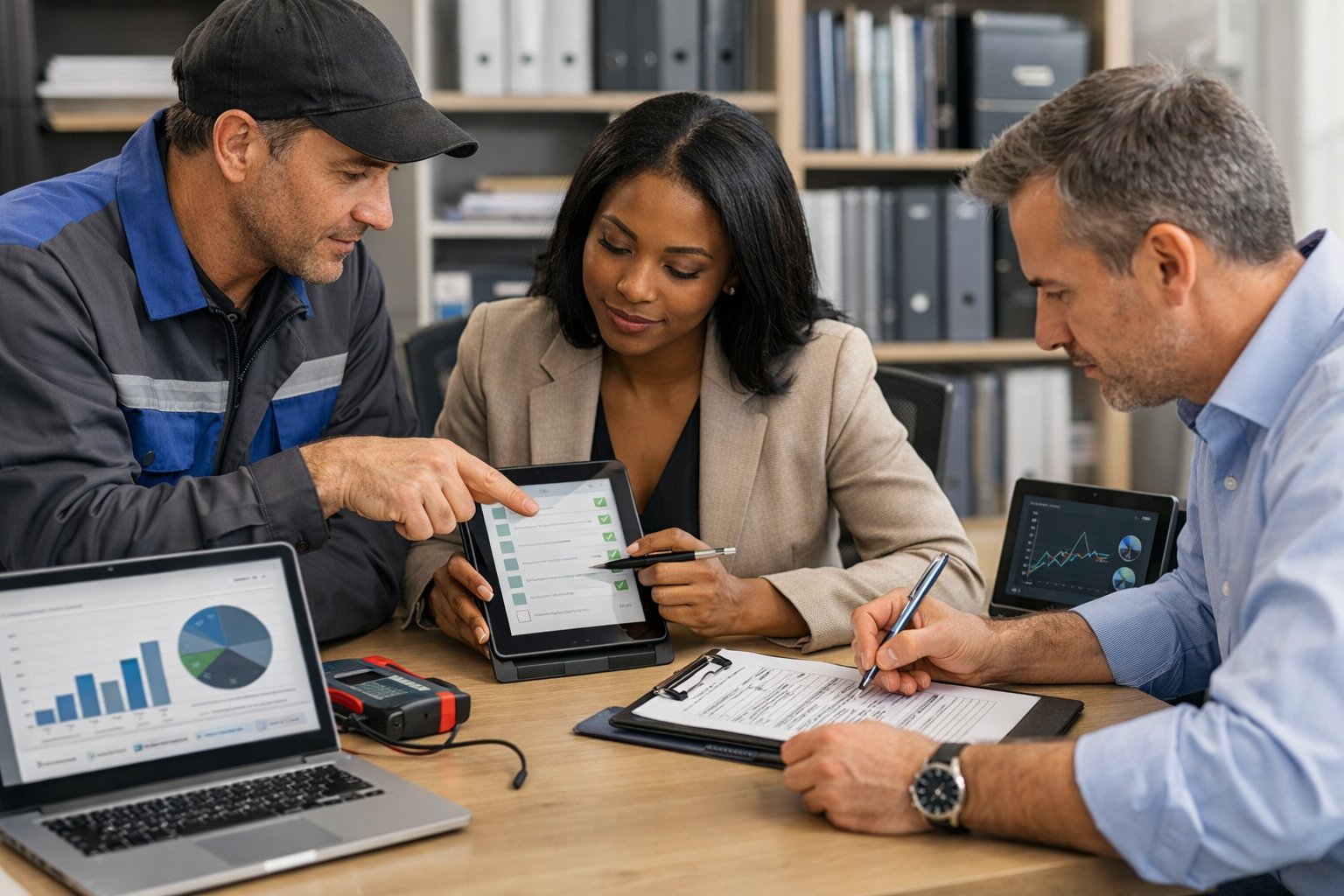Des professionnels collaborant autour d'un bureau avec des appareils numériques et des documents, effectuant une vérification de service régulier.